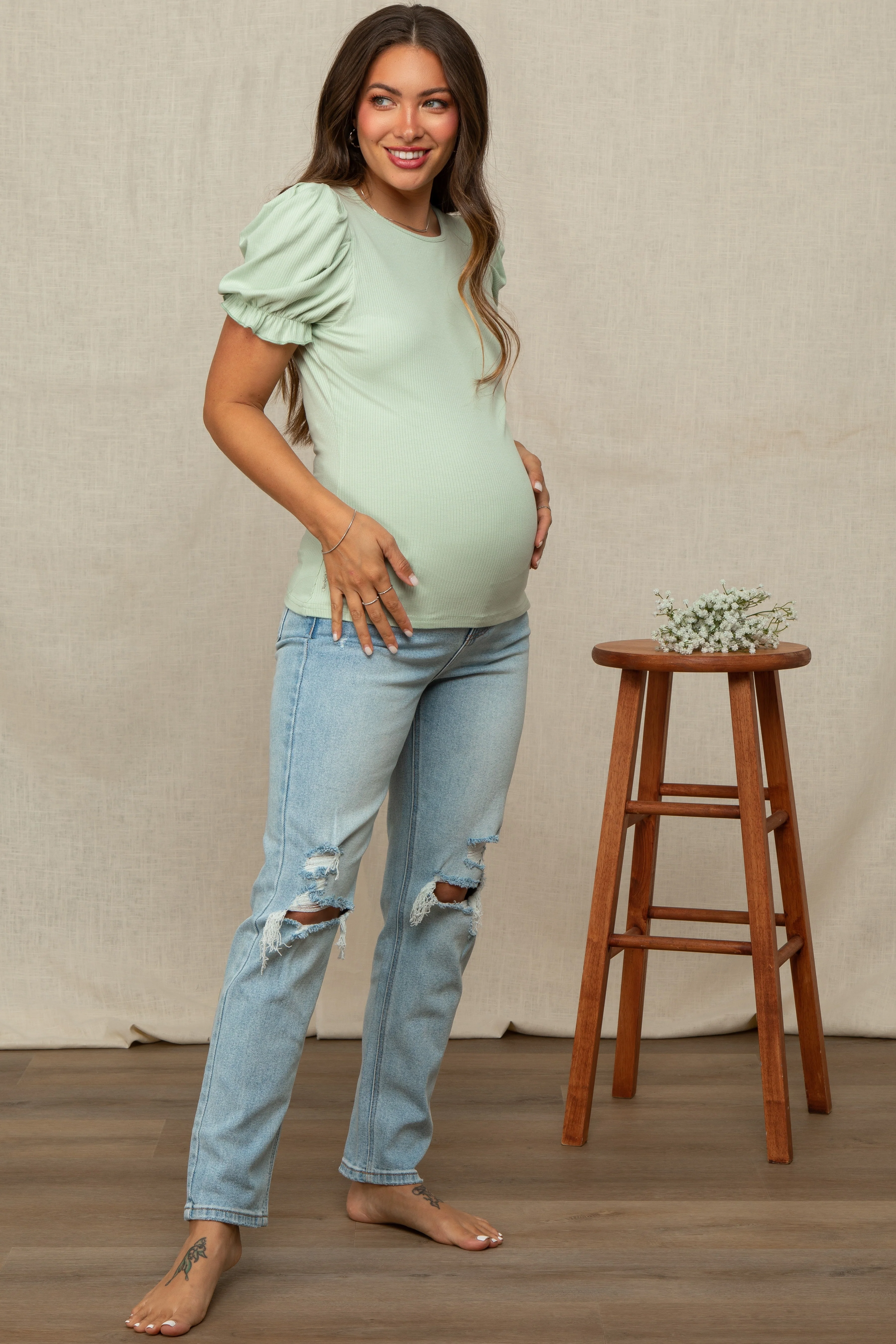 Light Blue Distressed Knee Maternity Jeans - Image 7