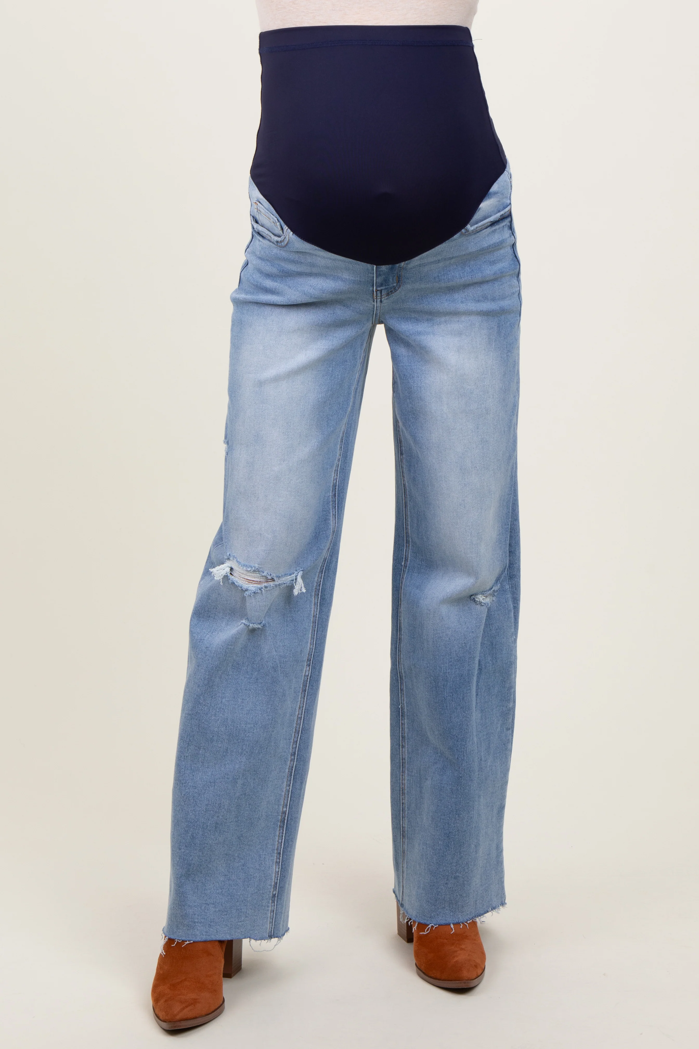 Light Blue Distressed Open Knee Wide Leg Maternity Jeans - Image 3