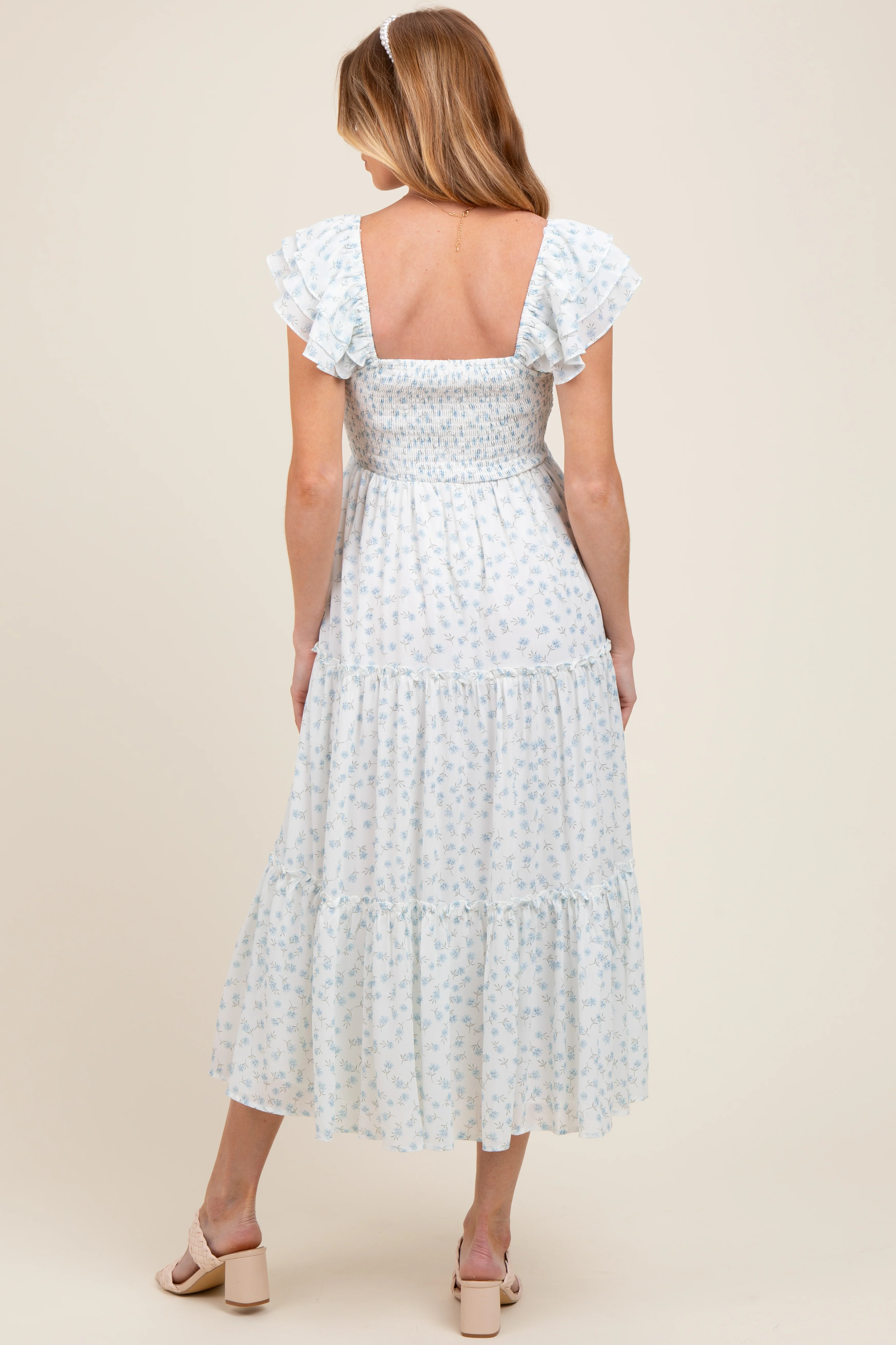 Light Blue Elegant Chiffon Floral Smocked Maternity Midi Dress - Image 4