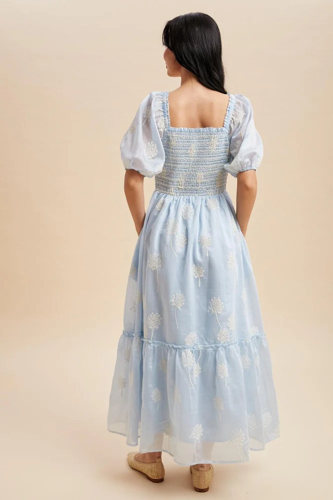 Light Blue Embroidered Floral Smocked Maxi Dress - Image 4