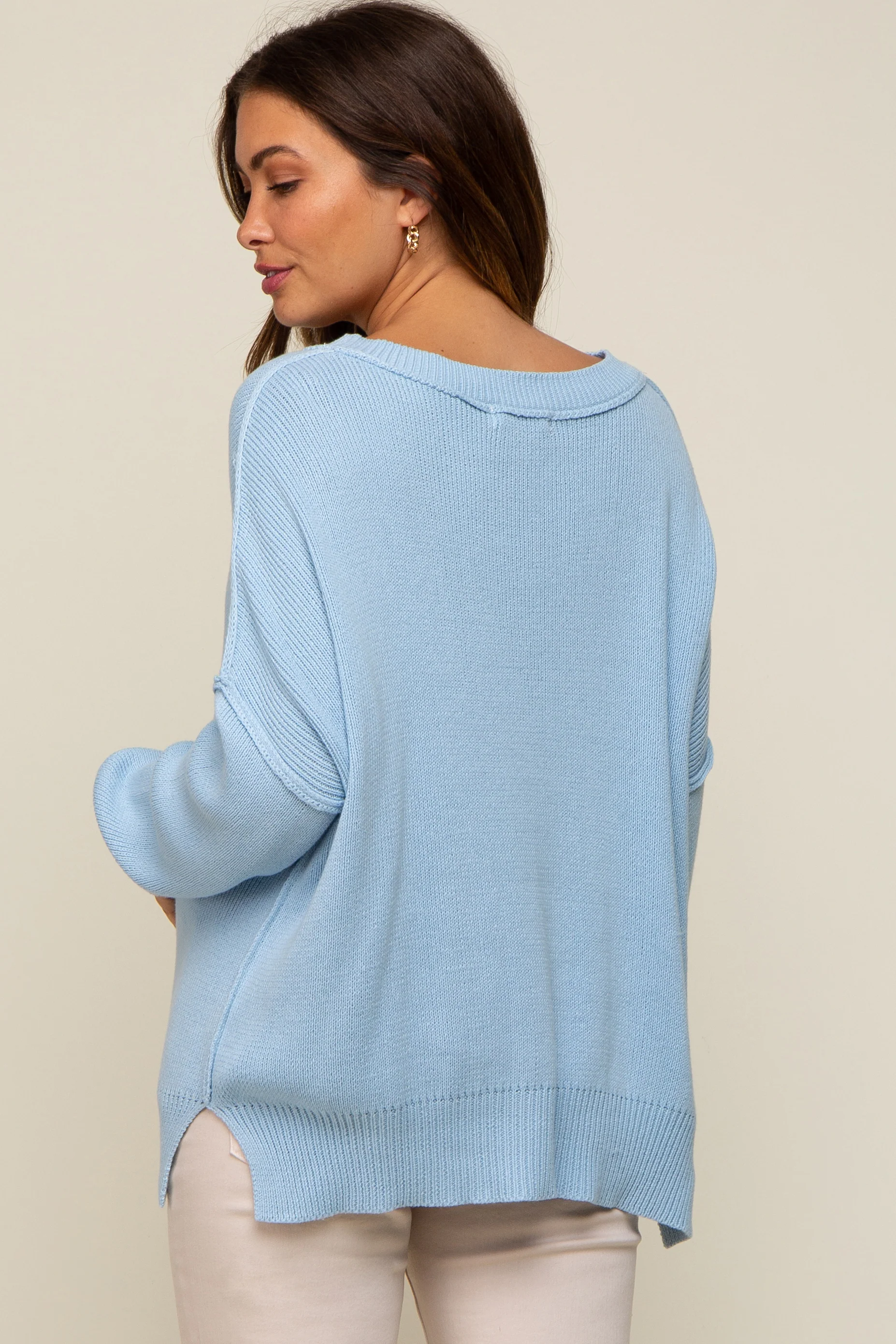 Light Blue Exposed Seam Side Slit Maternity Sweater - Image 4