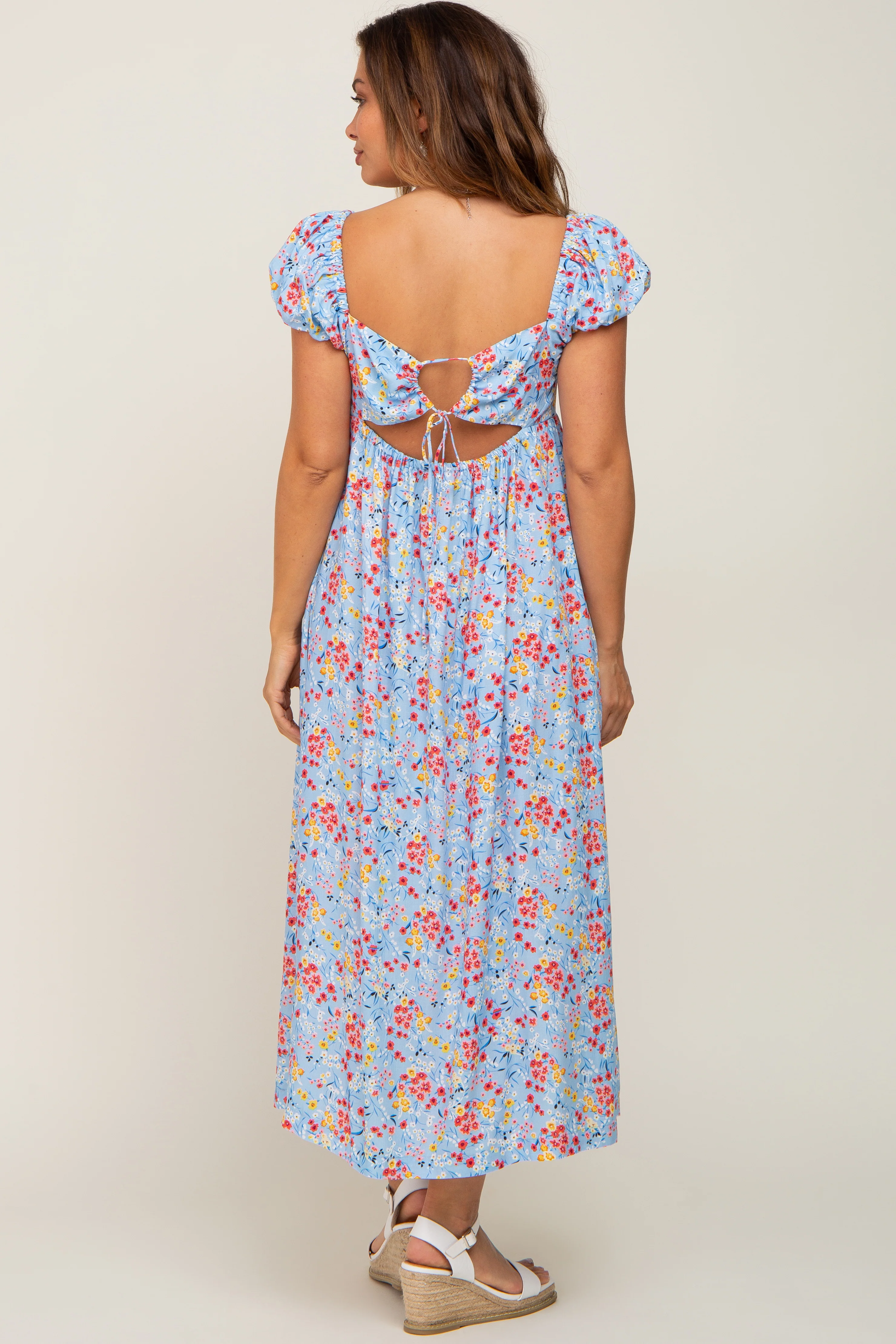 Light Blue Floral Back Cutout Maternity Midi Dress - Image 3