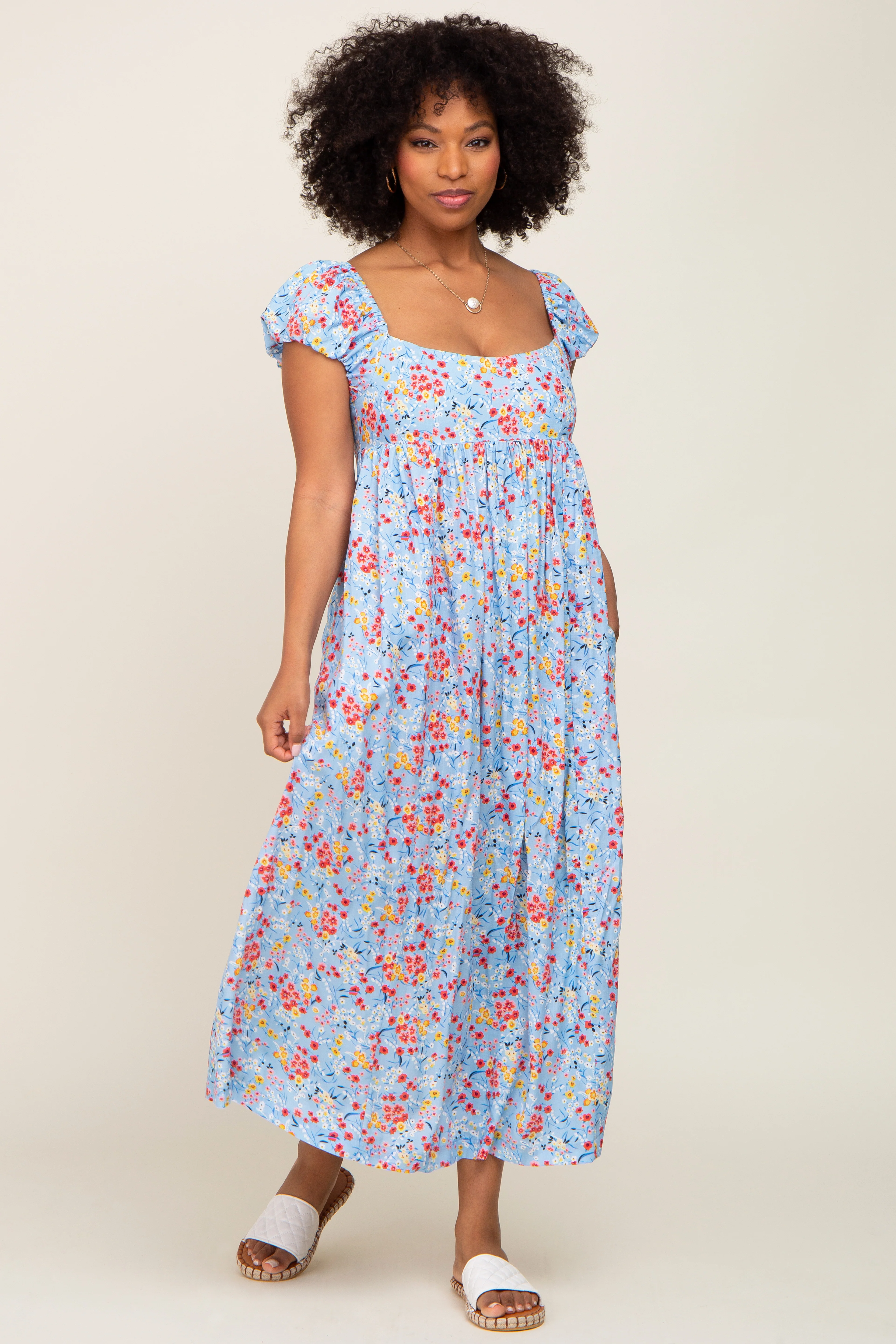 Light Blue Floral Back Cutout Midi Dress - Image 5