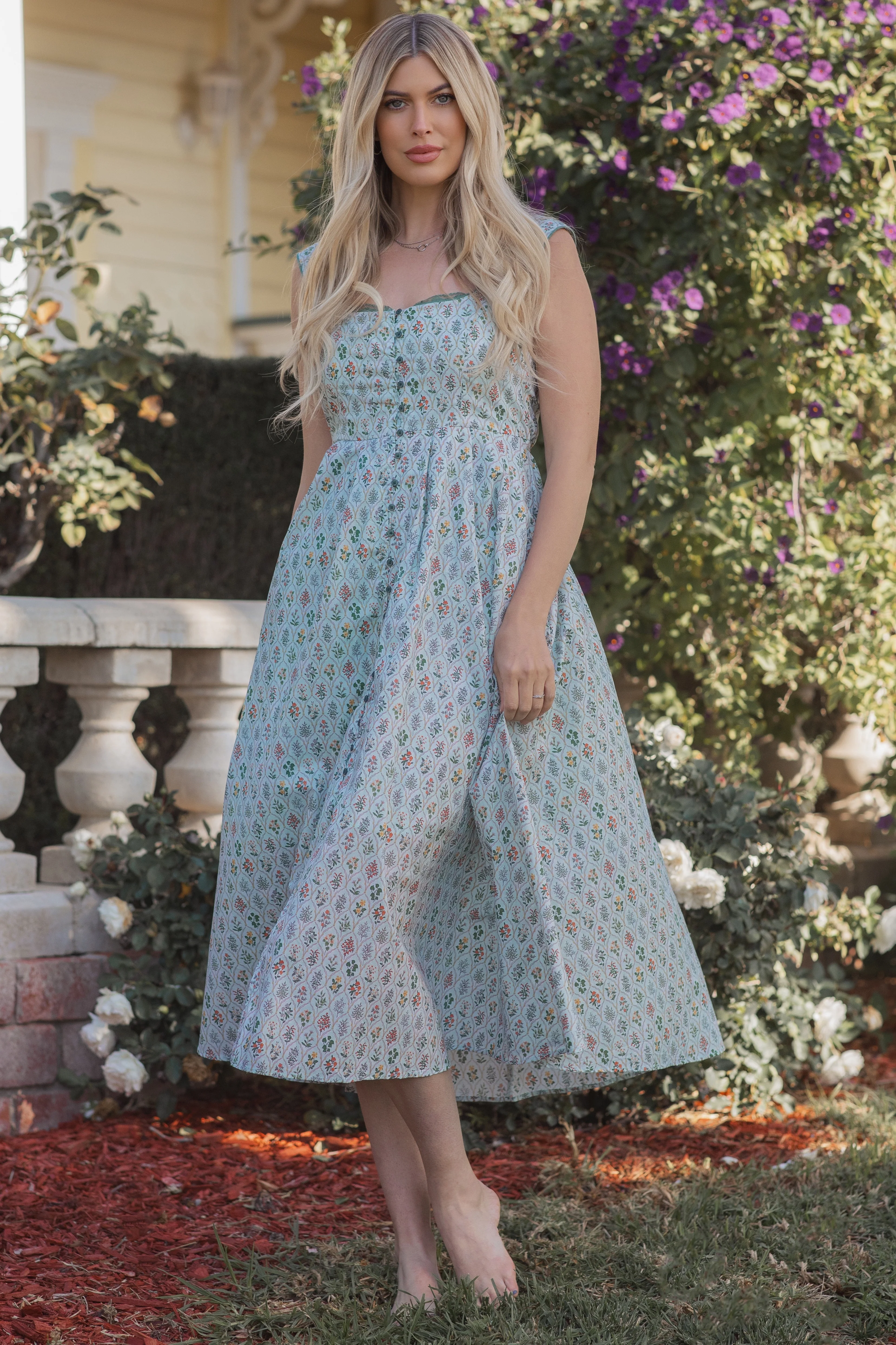 Light Blue Floral Button Front Sleeveless Maxi Dress - Image 3