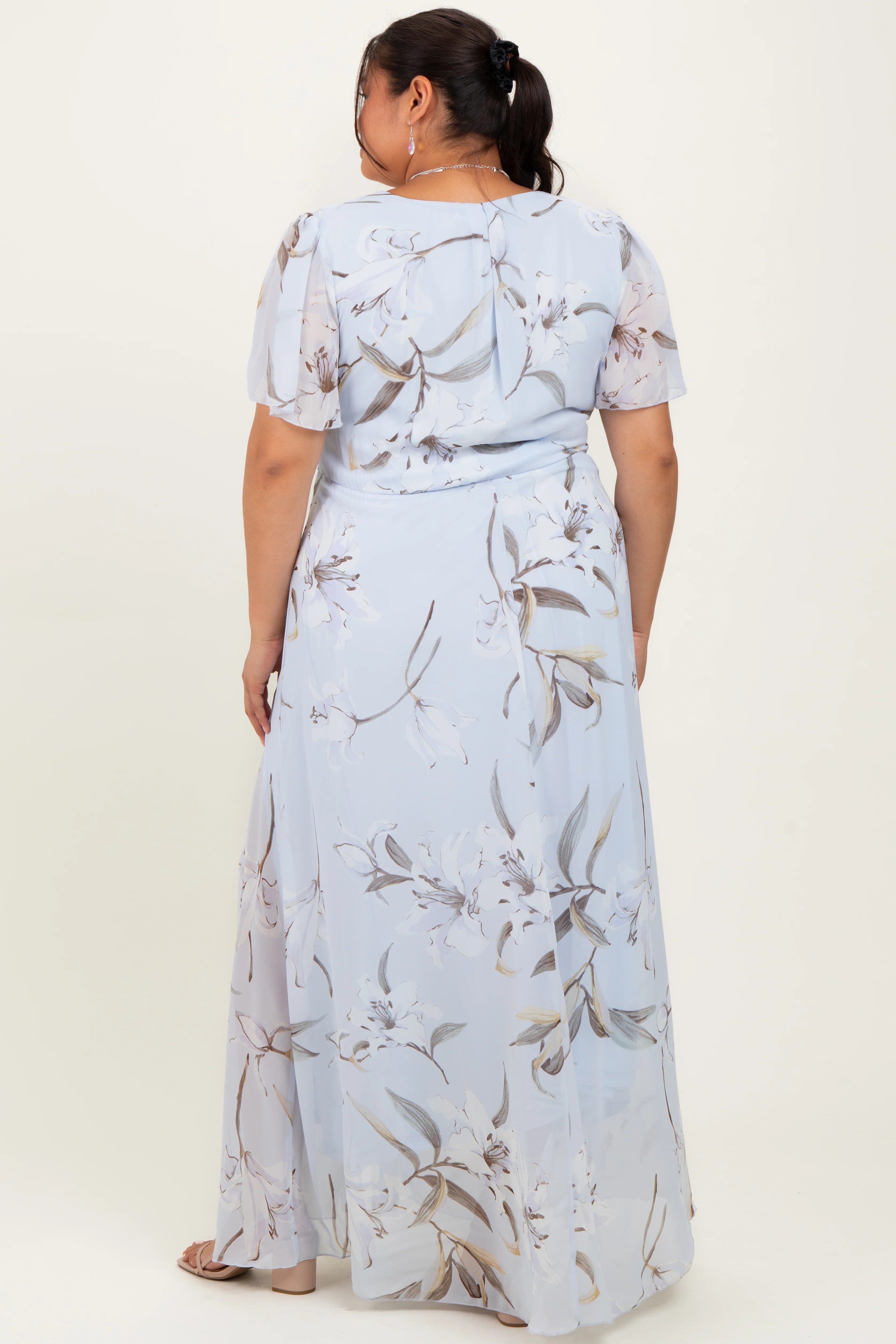 Light Blue Floral Chiffon Sash Tie Plus Maxi Dress - Image 4