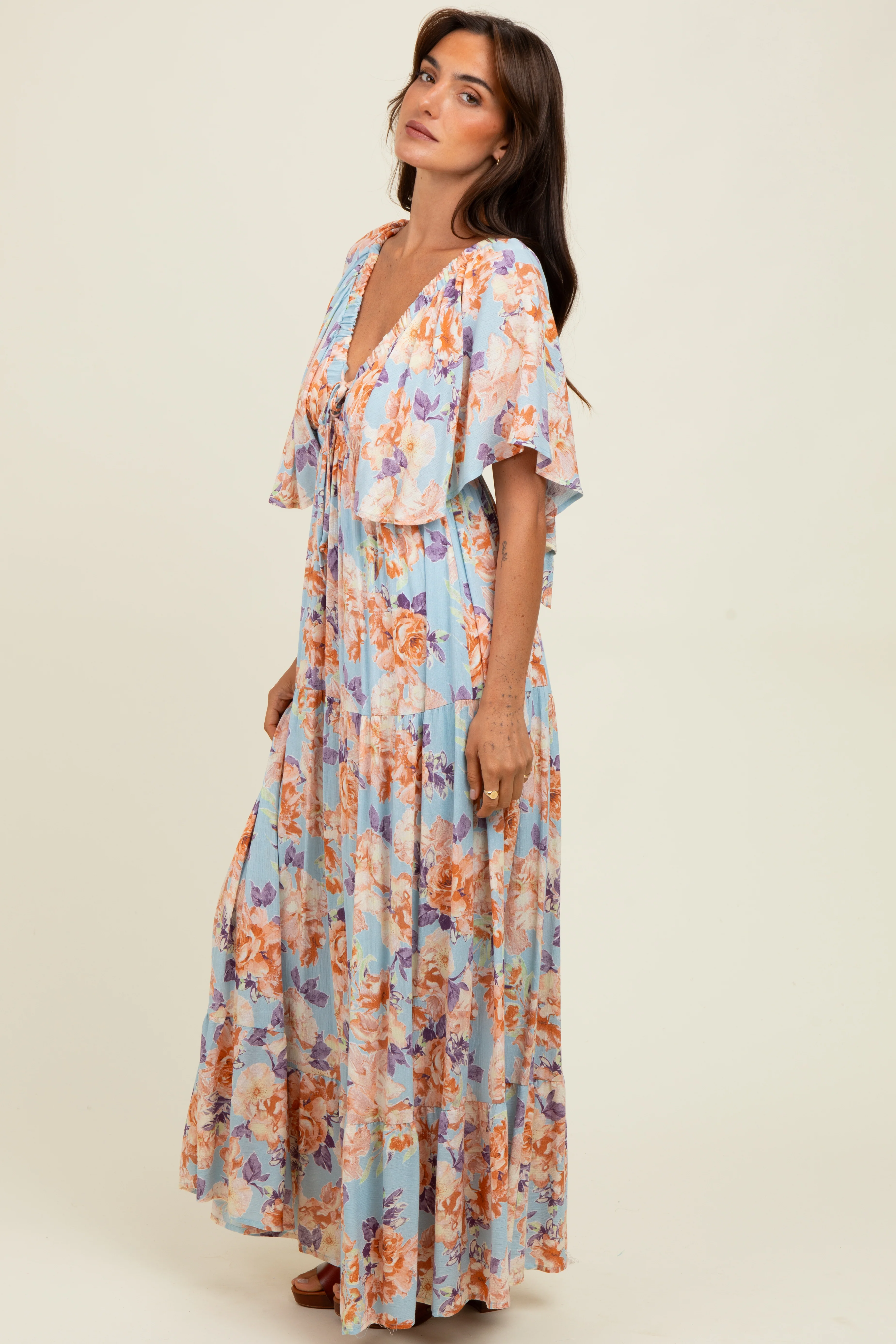 Light Blue Floral Flyway Sleeve V-Neck Tiered Maxi Dress - Image 3