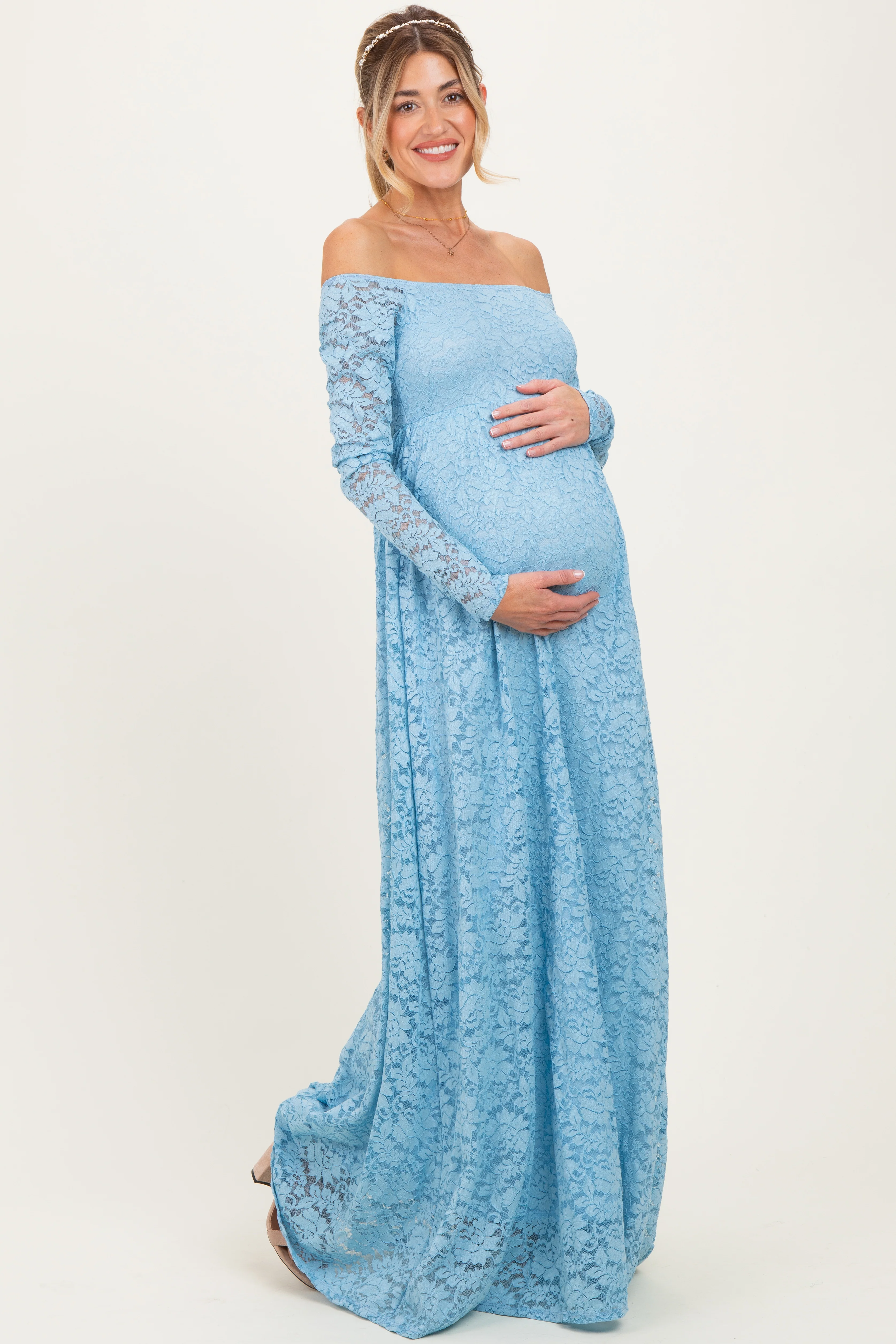 Light Blue Floral Lace Long Sleeve Off Shoulder Maternity Maxi Dress - Image 3
