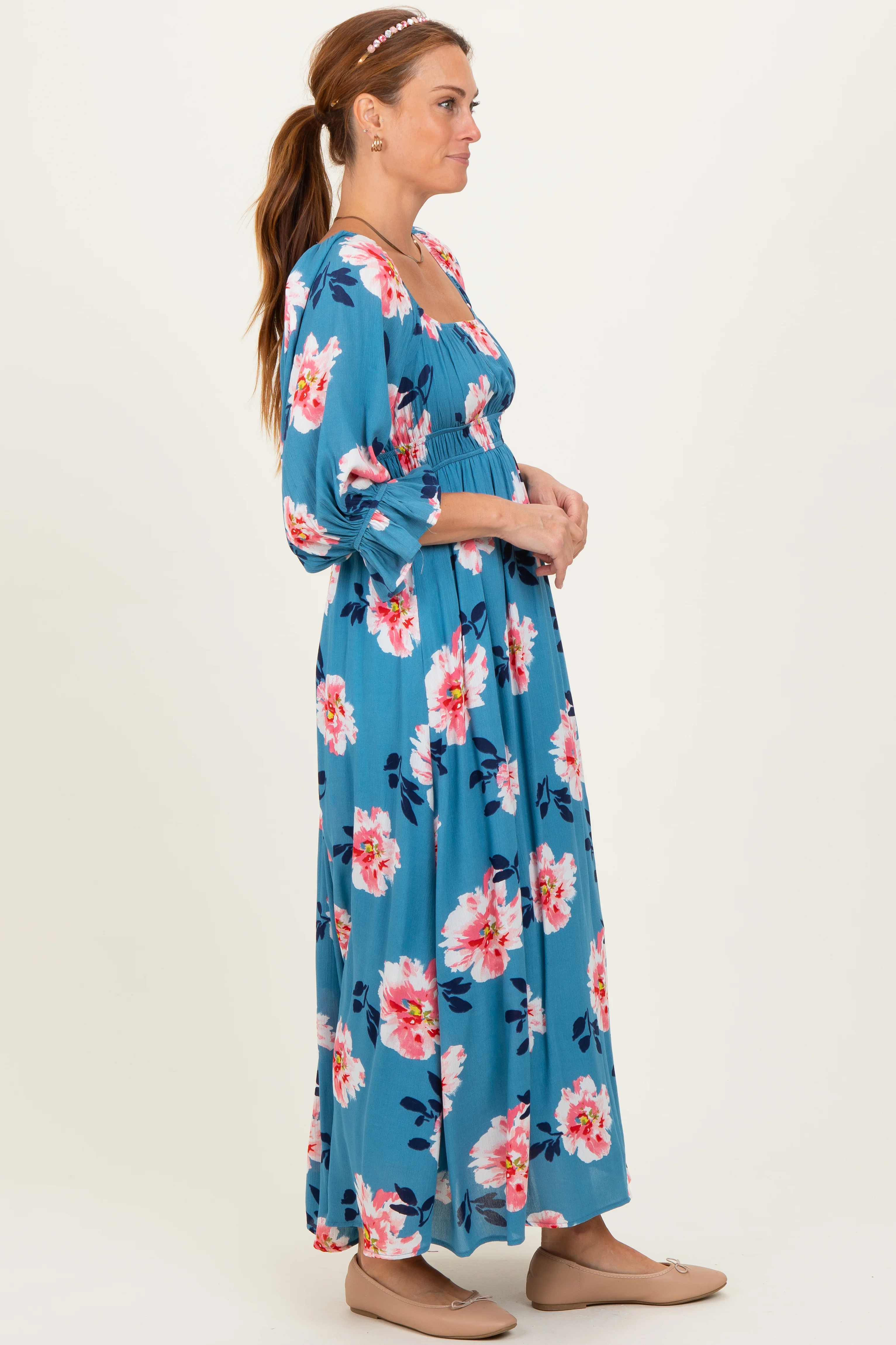 Light Blue Floral Long Sleeve Square Neck Smocked Maxi Dress - Image 3