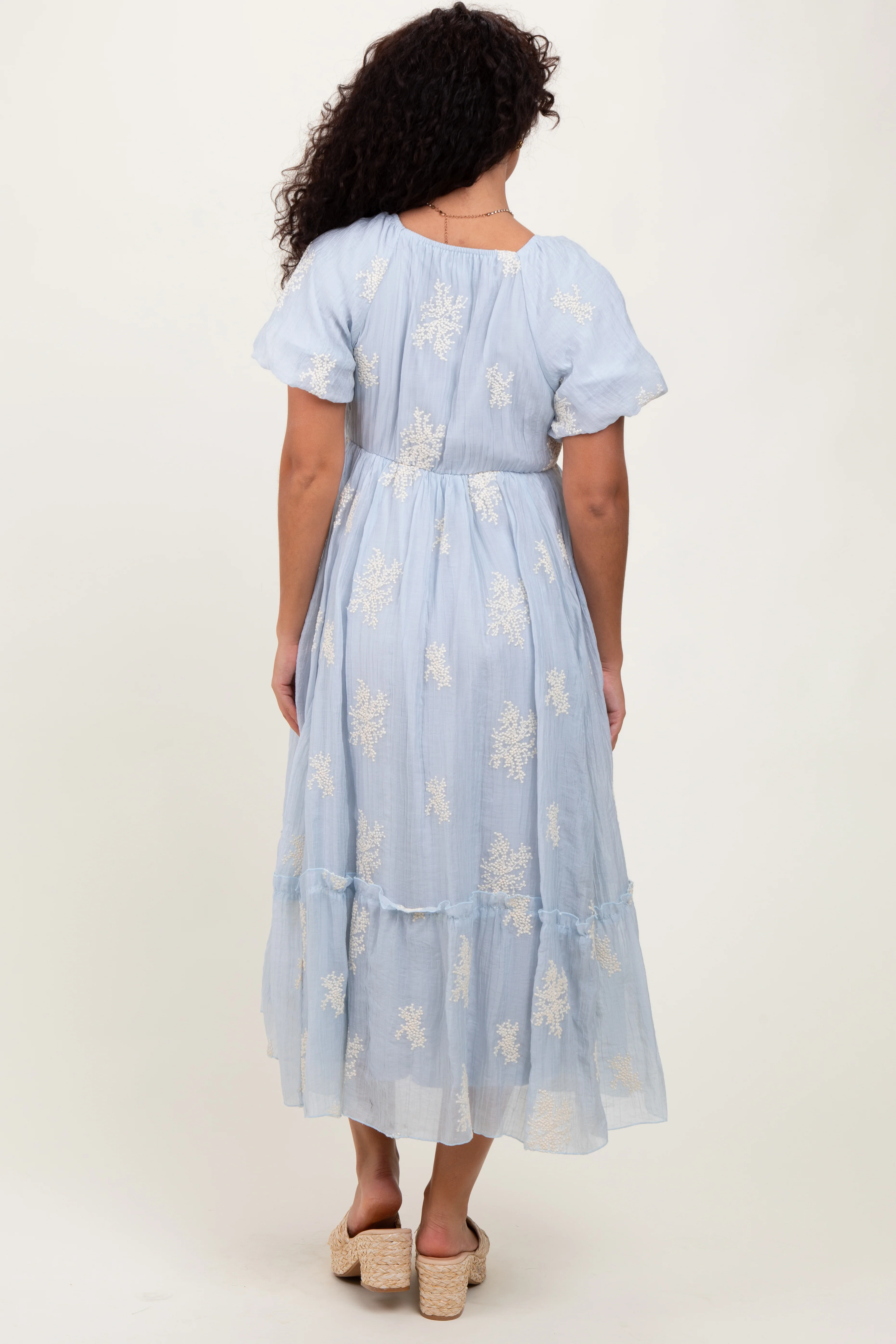 Light Blue Floral Print Ruffle Hem Midi Dress - Image 3
