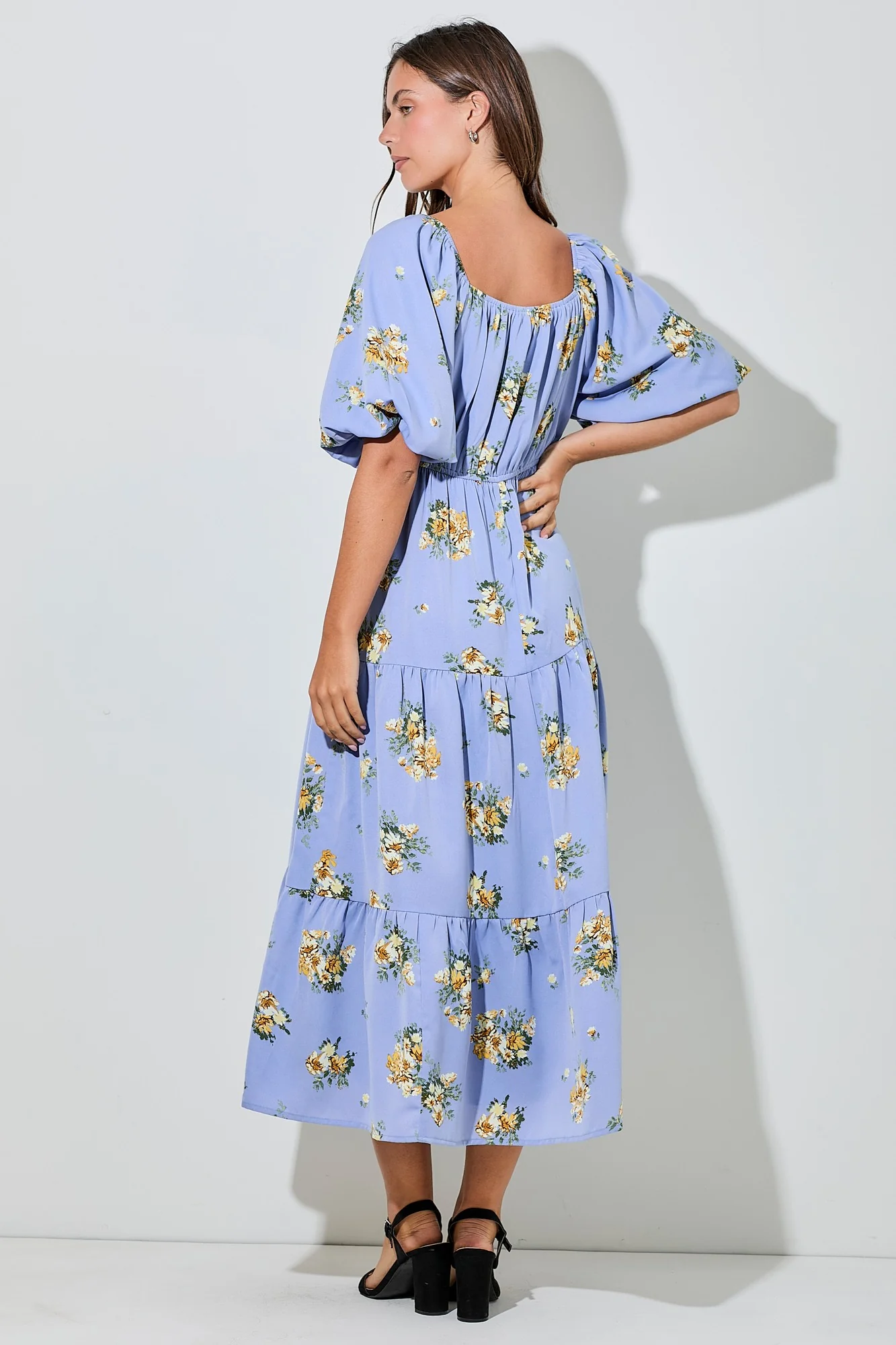 Light Blue Floral Puff Sleeve Tiered Maxi Dress - Image 3