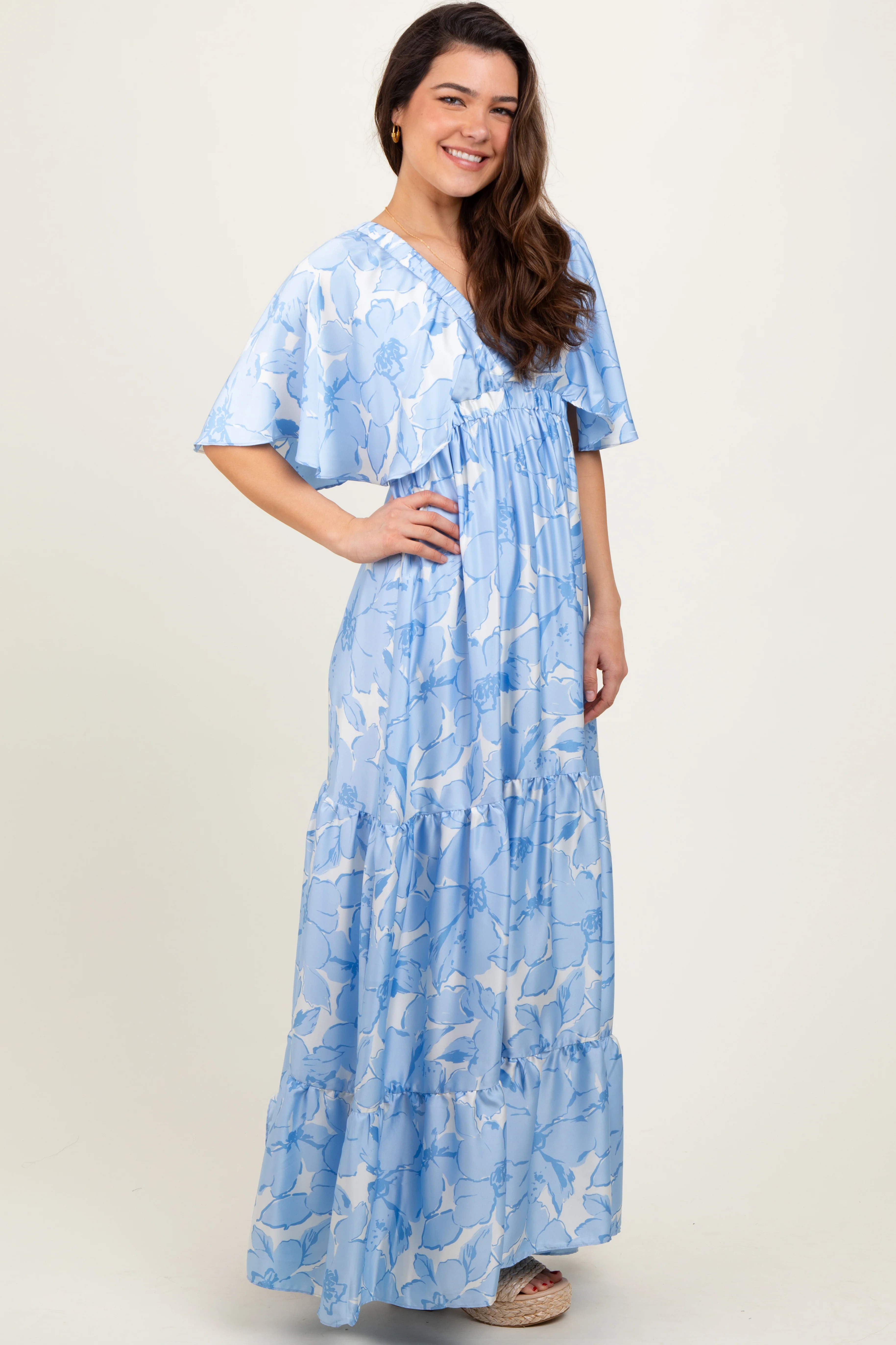 Light Blue Floral Short Sleep Deep V-Neck Tiered Maxi Dress - Image 3