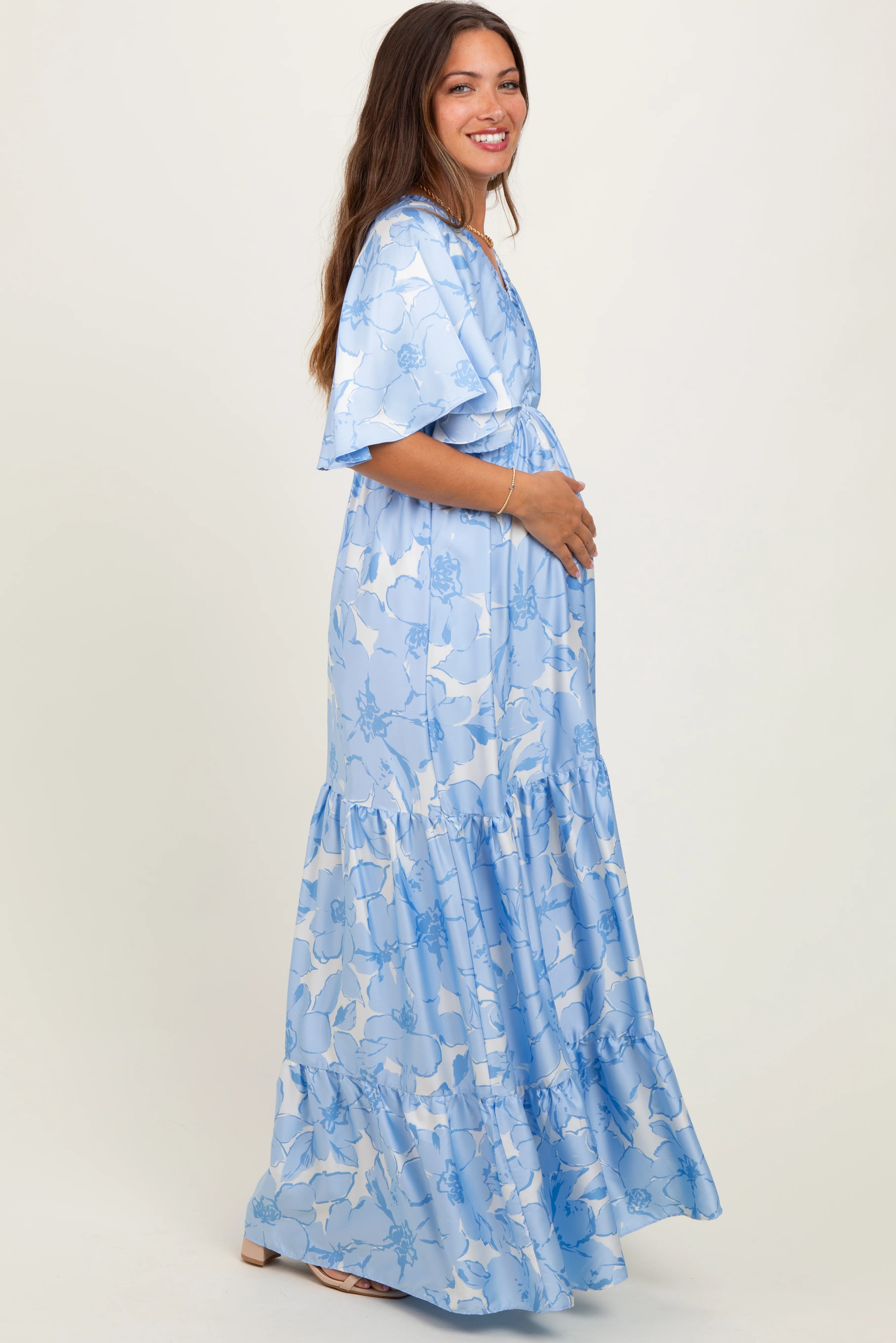 Light Blue Floral Short Sleeve Deep V-Neck Tiered Maternity Maxi Dress - Image 3