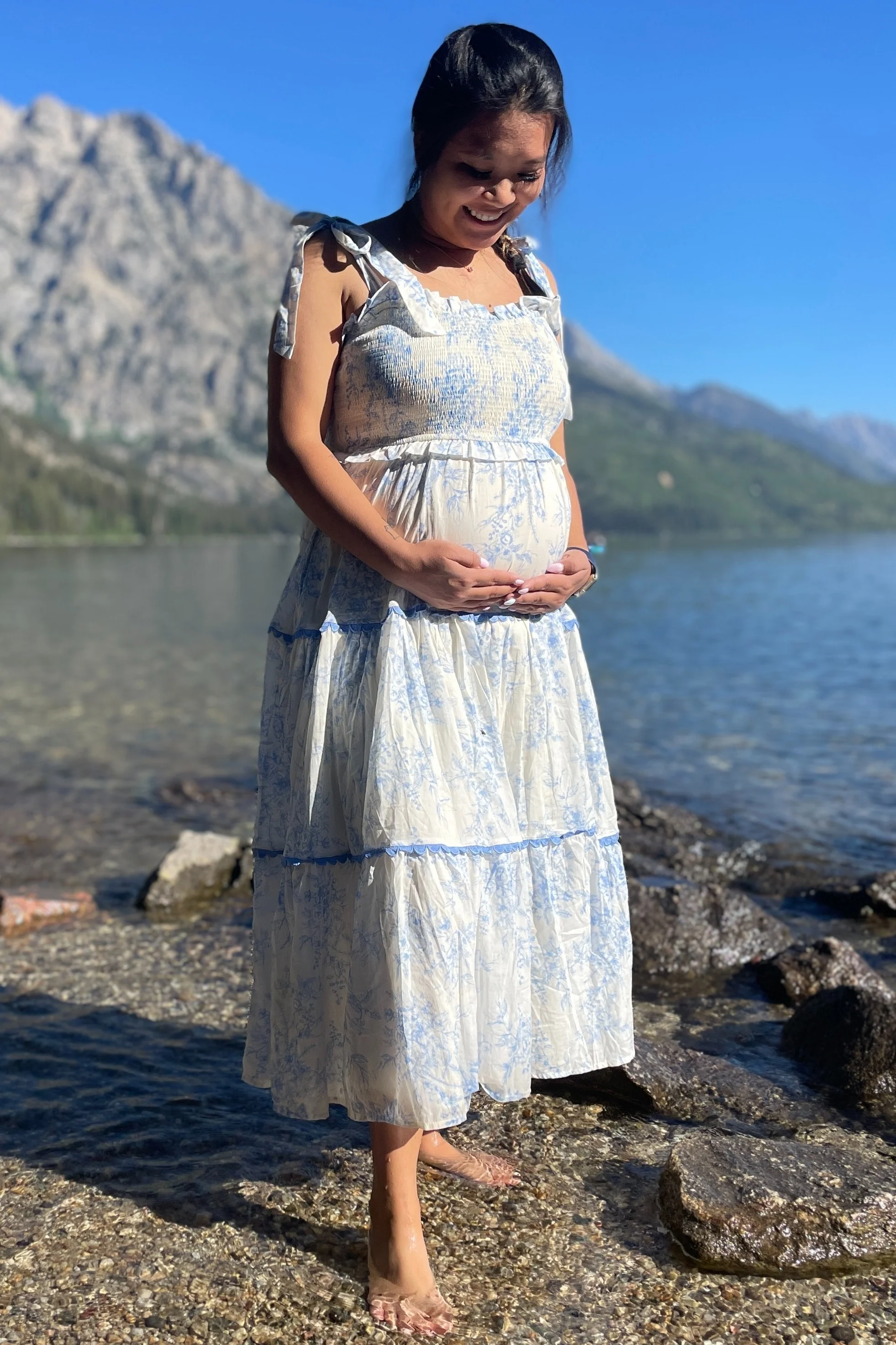 Light Blue Floral Sleeveless Ruffle Tiered Maternity Midi Dress - Image 4