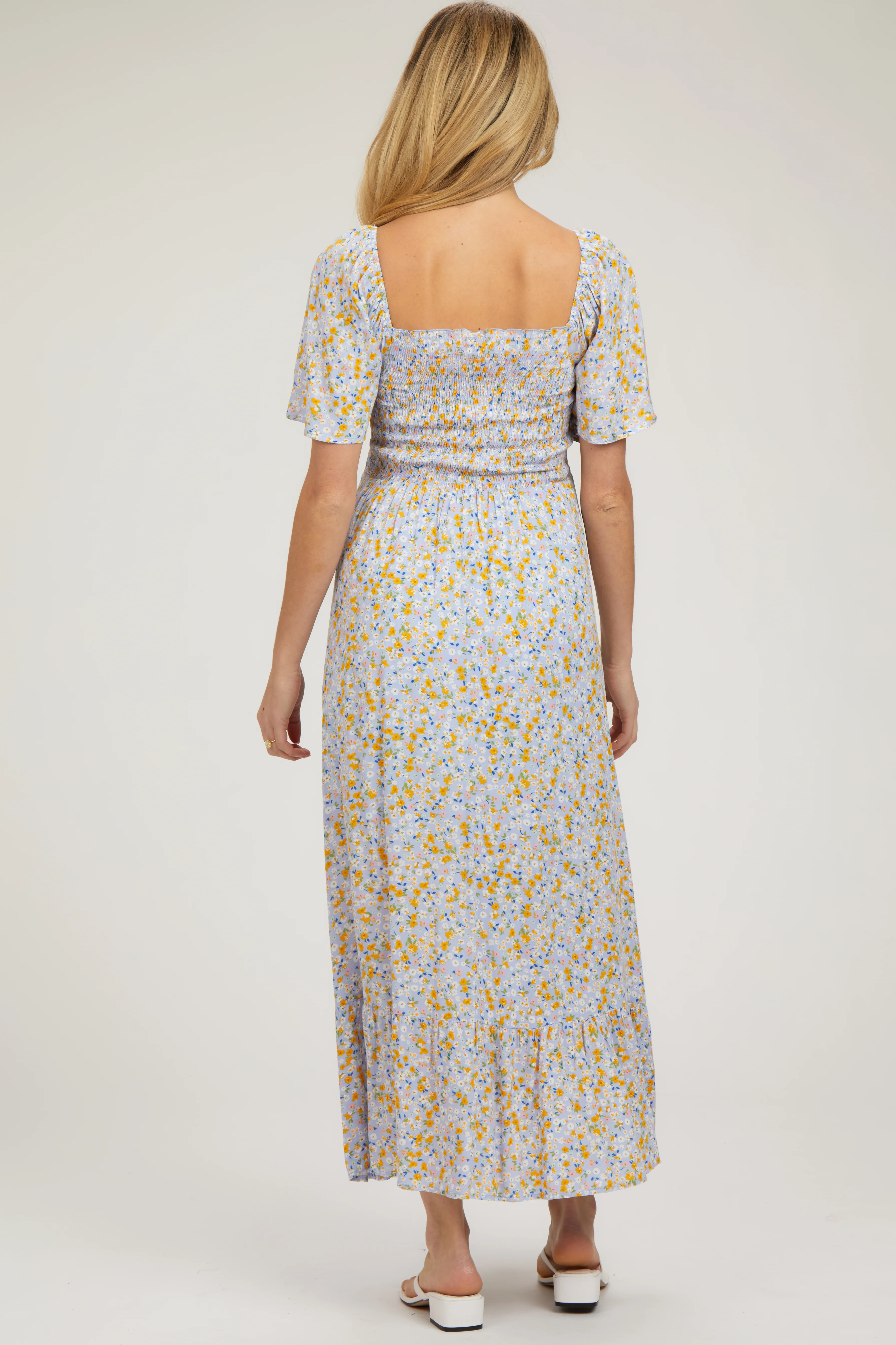 Light Blue Floral Smocked Maternity Maxi Dress - Image 3