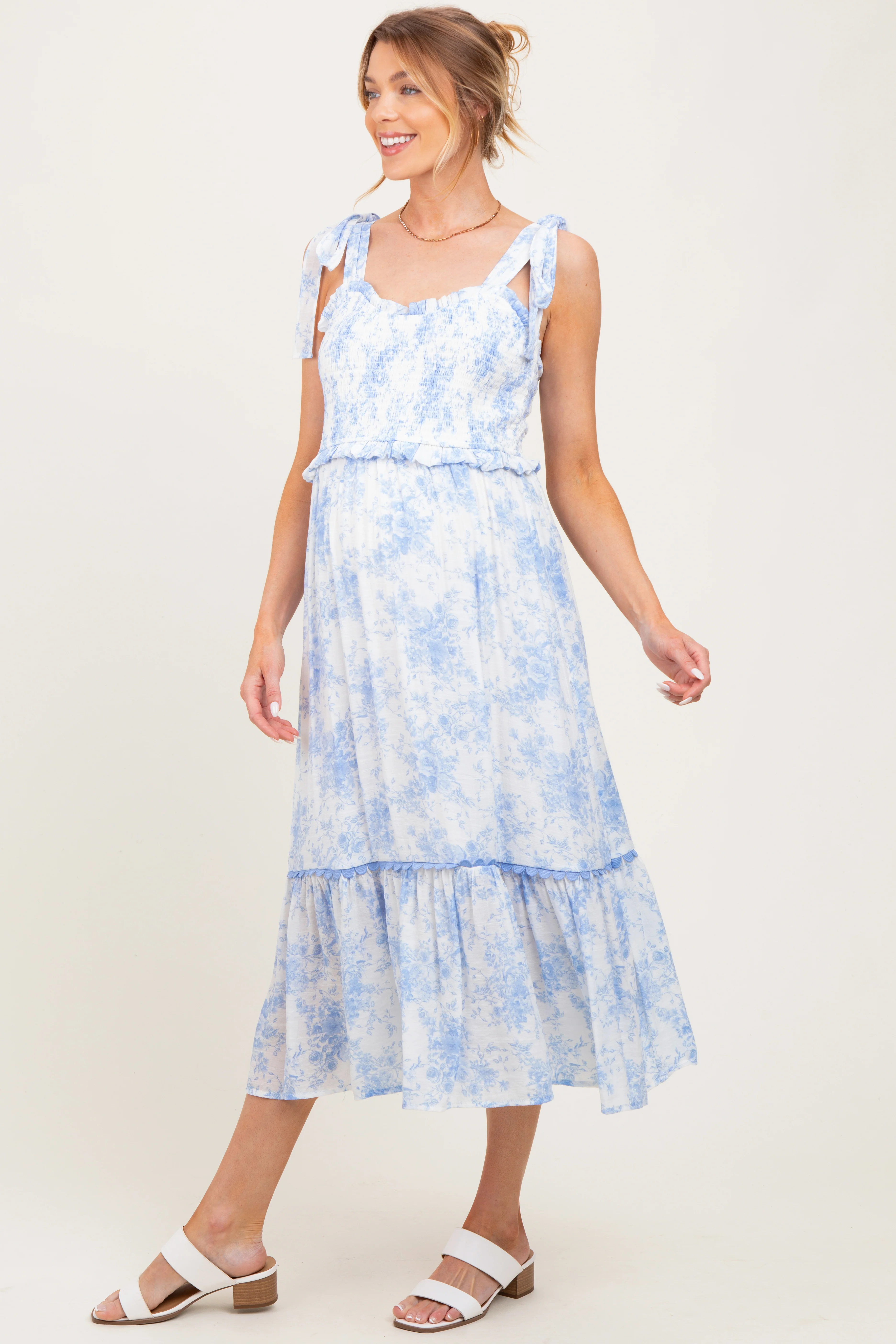 Light Blue Floral Smocked Shoulder Tie Maternity Midi Dress - Image 3