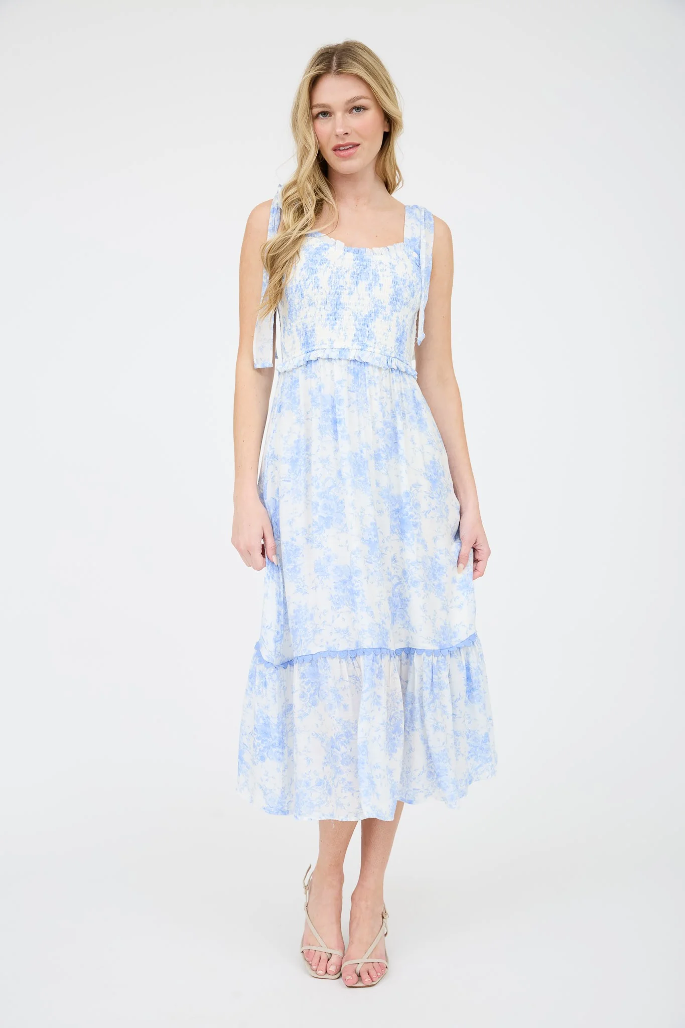 Light Blue Floral Smocked Shoulder Tie Maternity Midi Dress - Image 5