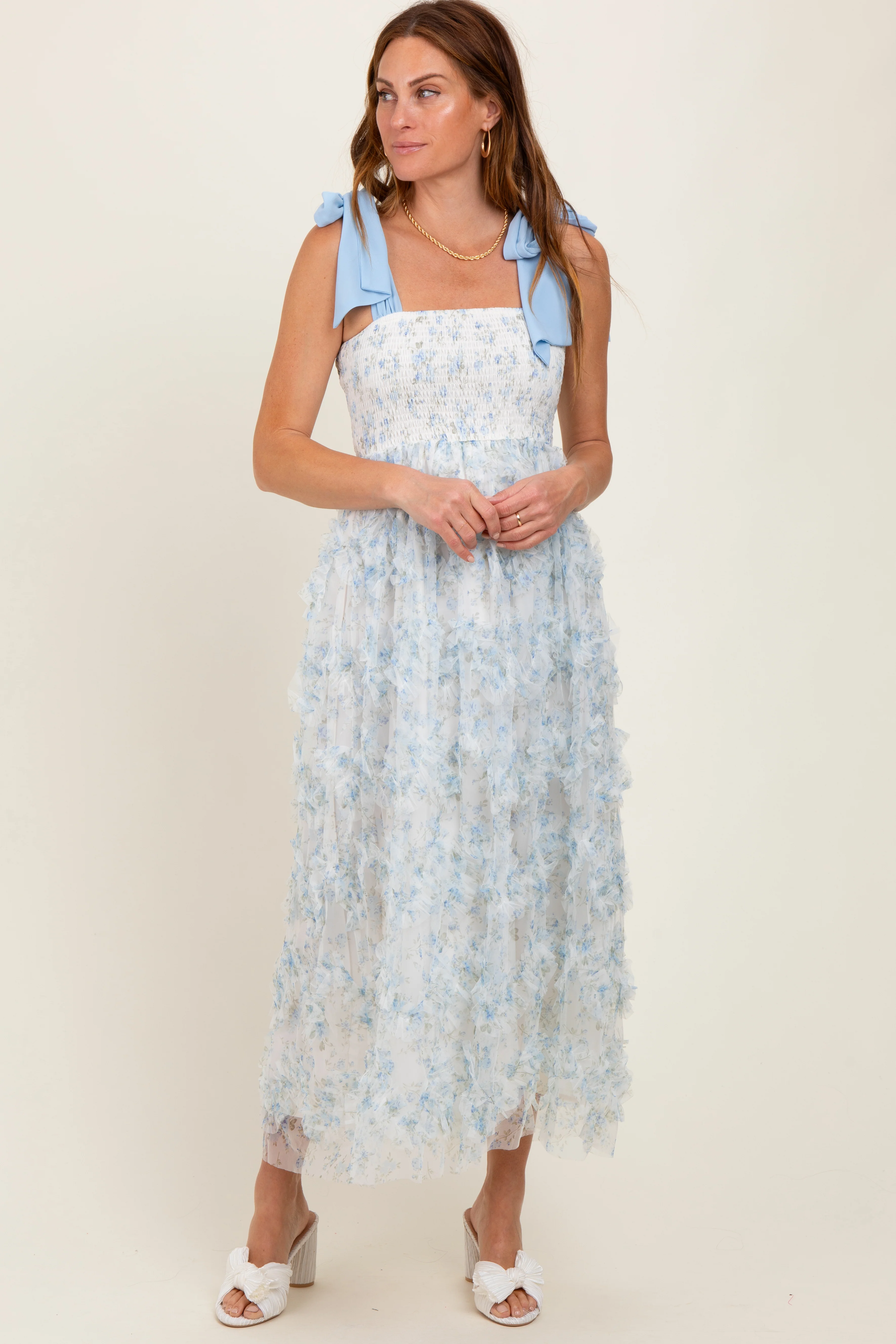 Light Blue Floral Smocked Shoulder Tie Ruffled Maternity Midi Dress - Image 4