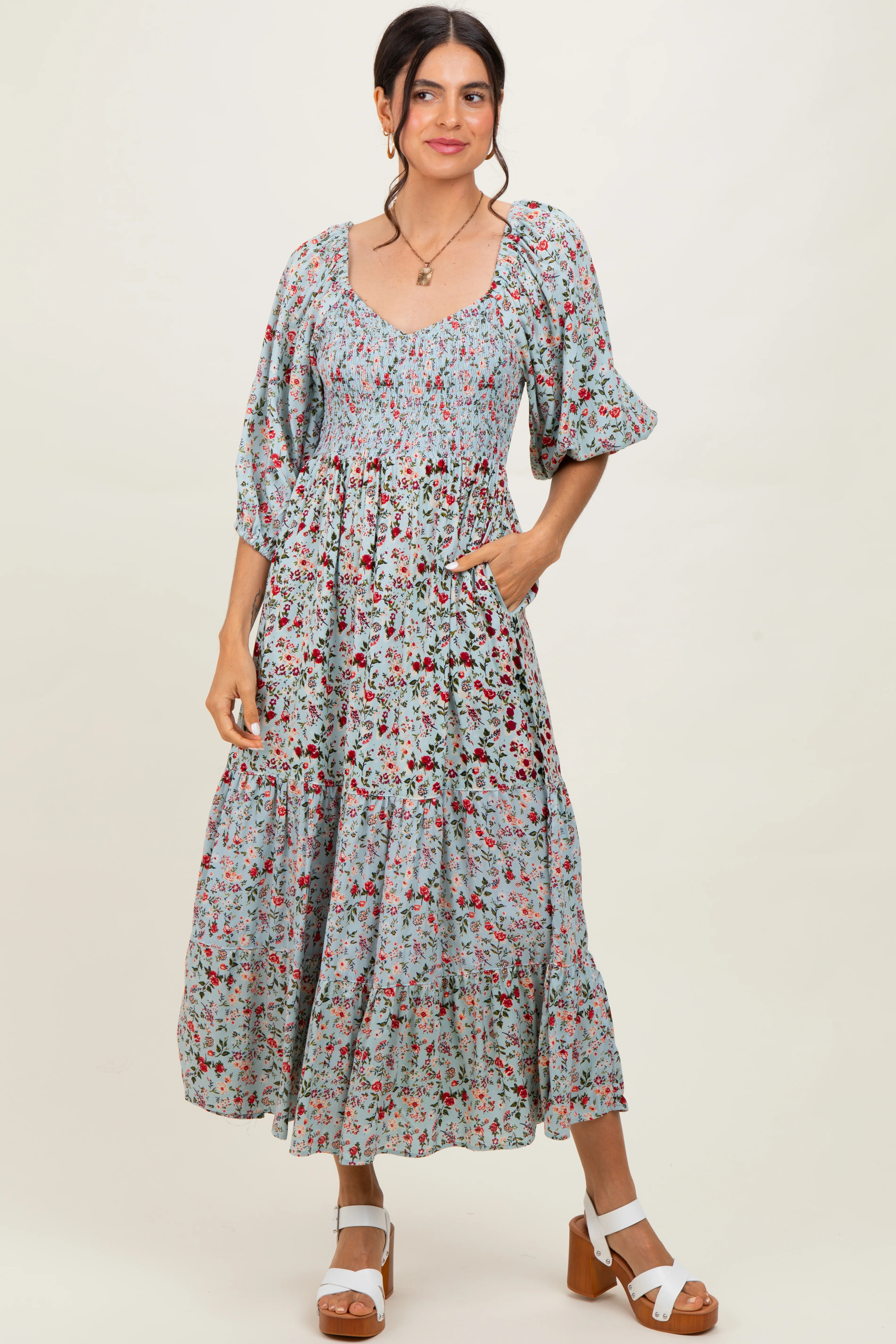 Light Blue Floral Smocked Sweetheart Neckline Maternity Midi Dress - Image 4