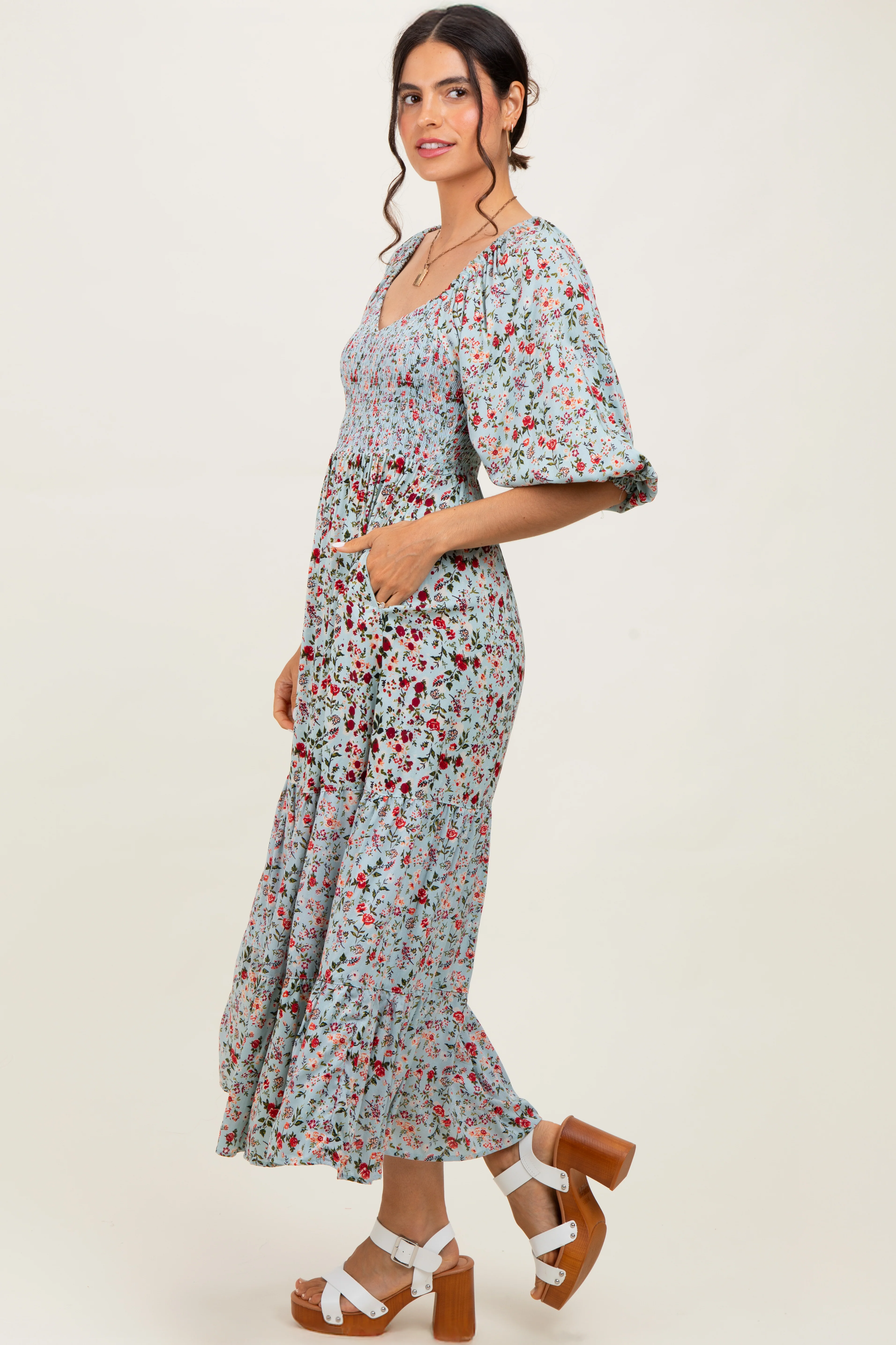 Light Blue Floral Smocked Sweetheart Neckline Midi Dress - Image 2