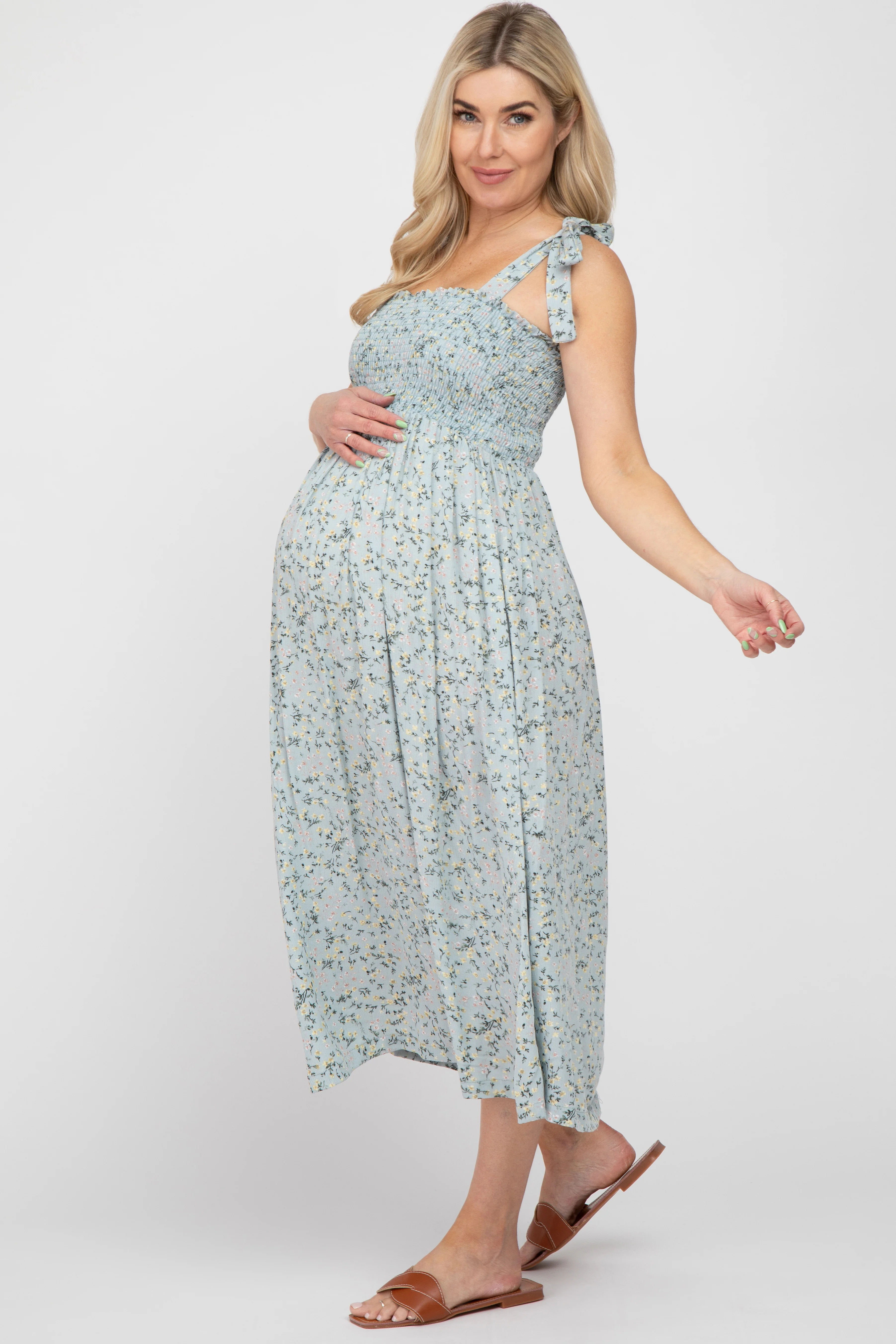 Light Blue Floral Smocked Tie Strap Maternity Midi Dress - Image 2