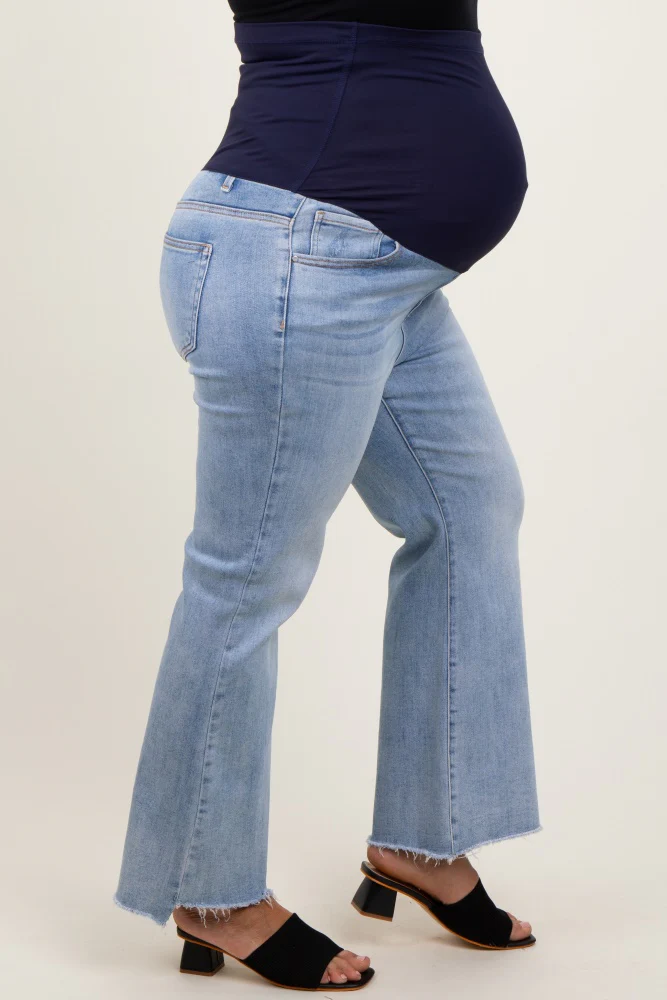 Light Blue Fringe Hem Maternity Plus Crop Flare Jeans - Image 4