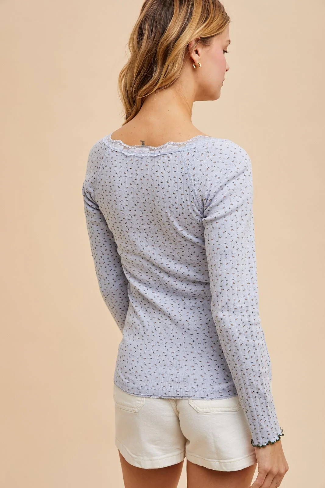 Light Blue Lace Trim Floral Fitted Top - Image 3