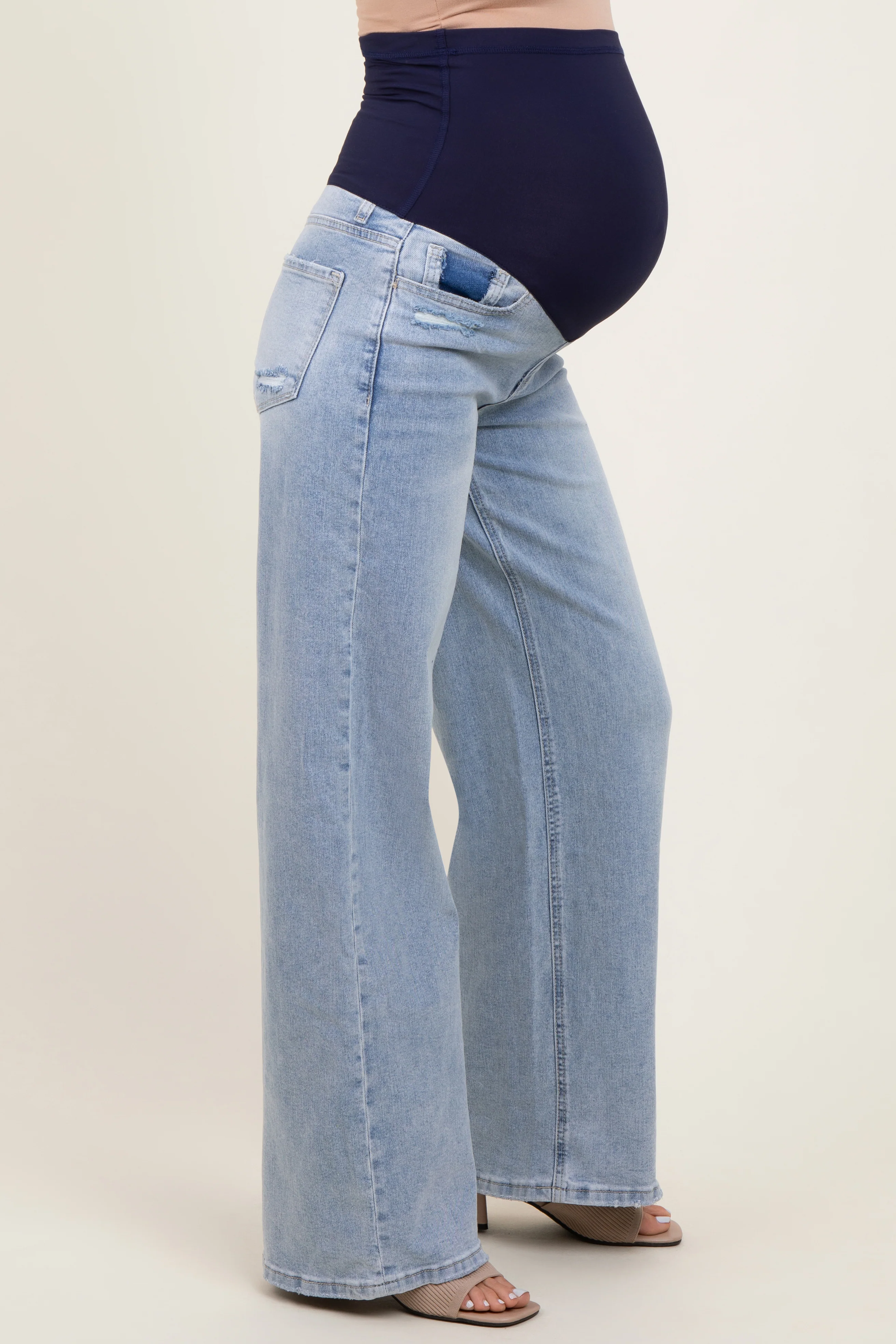 Light Blue Lightly Distressed Wide Leg Maternity Jeans - Image 4