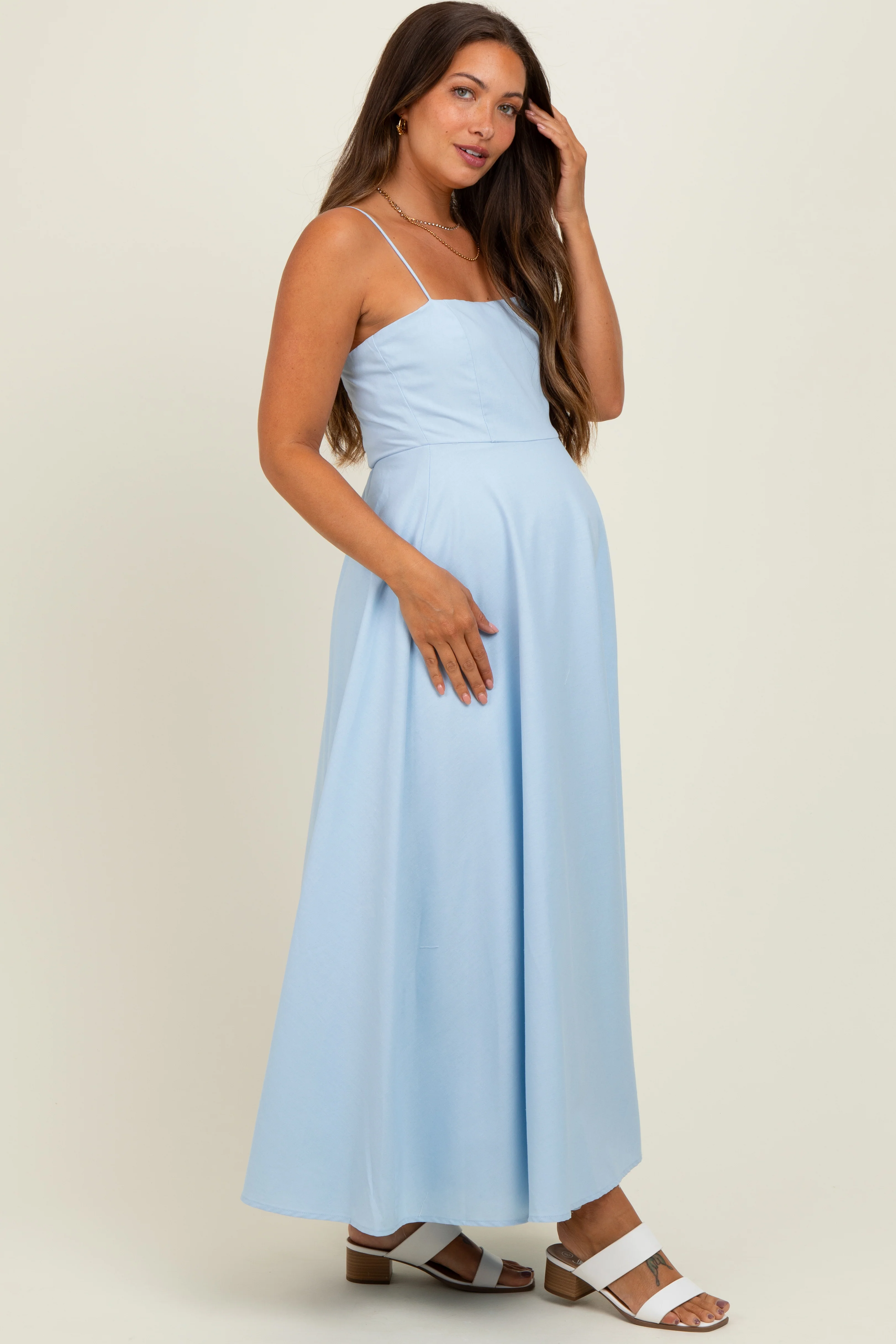 Light Blue Linen A-Line Flared Maternity Midi Dress - Image 3
