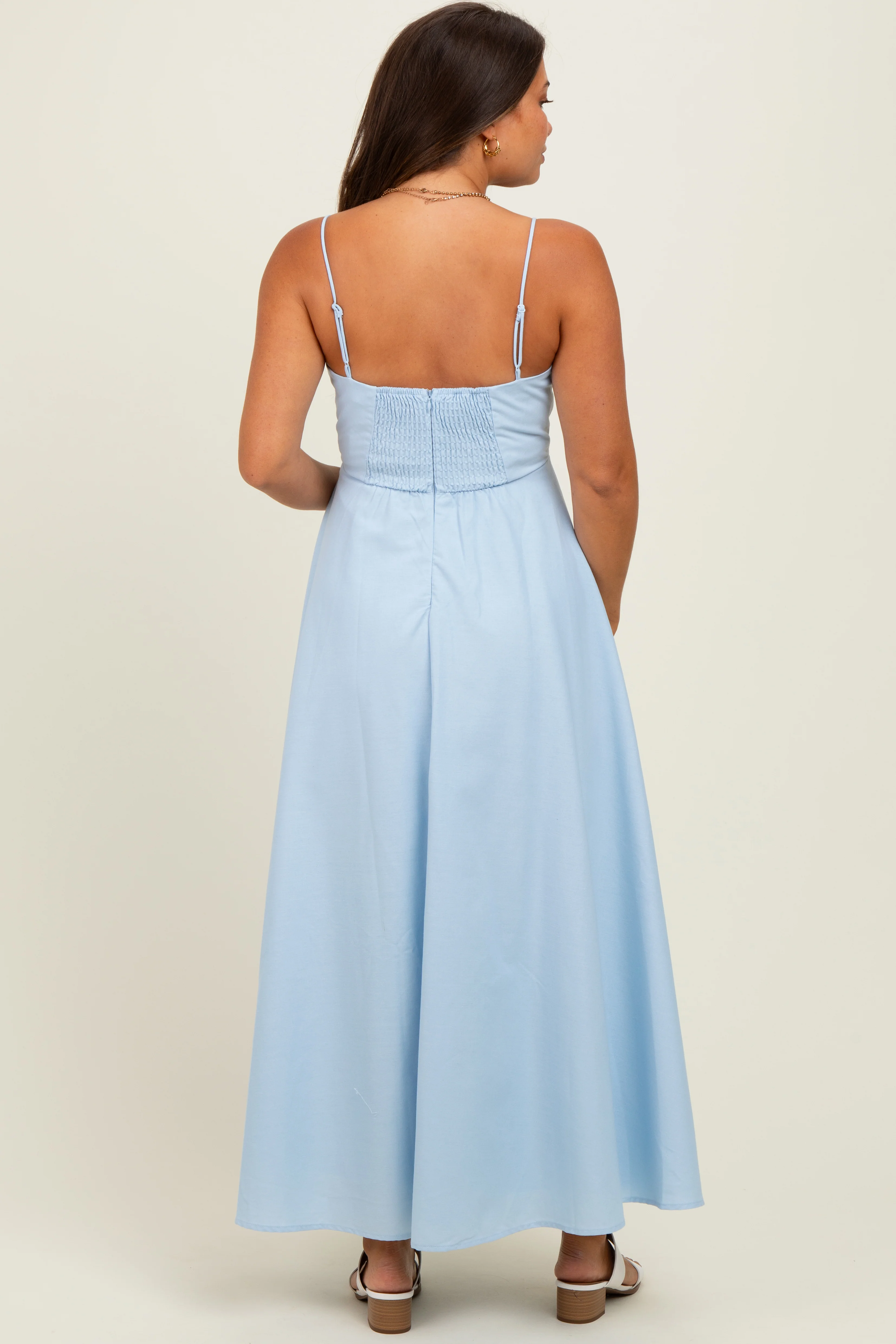 Light Blue Linen A-Line Flared Maternity Midi Dress - Image 4