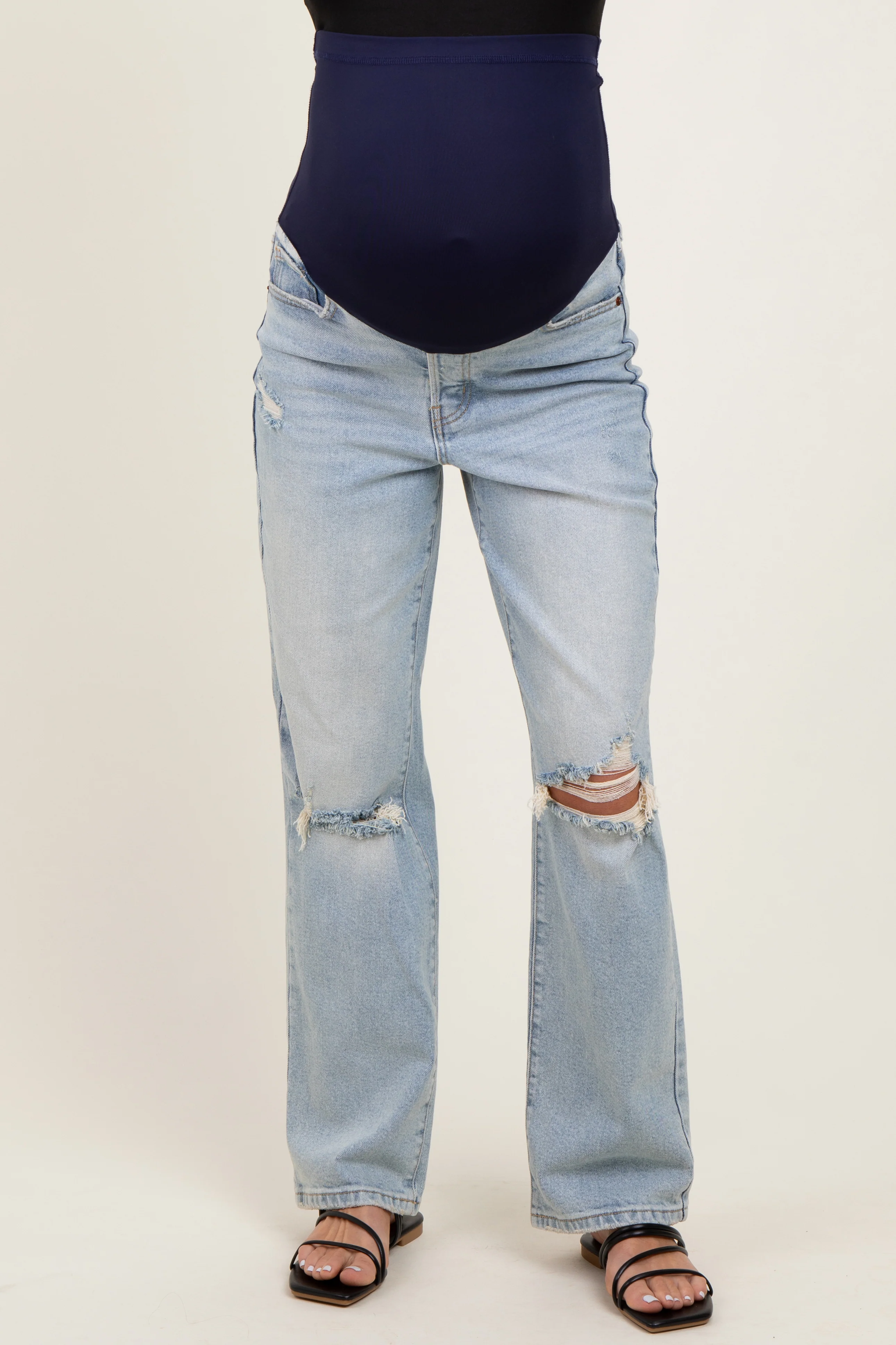 Light Blue Maternity Baggy Ripped Knee Straight Leg Maternity Jeans - Image 3