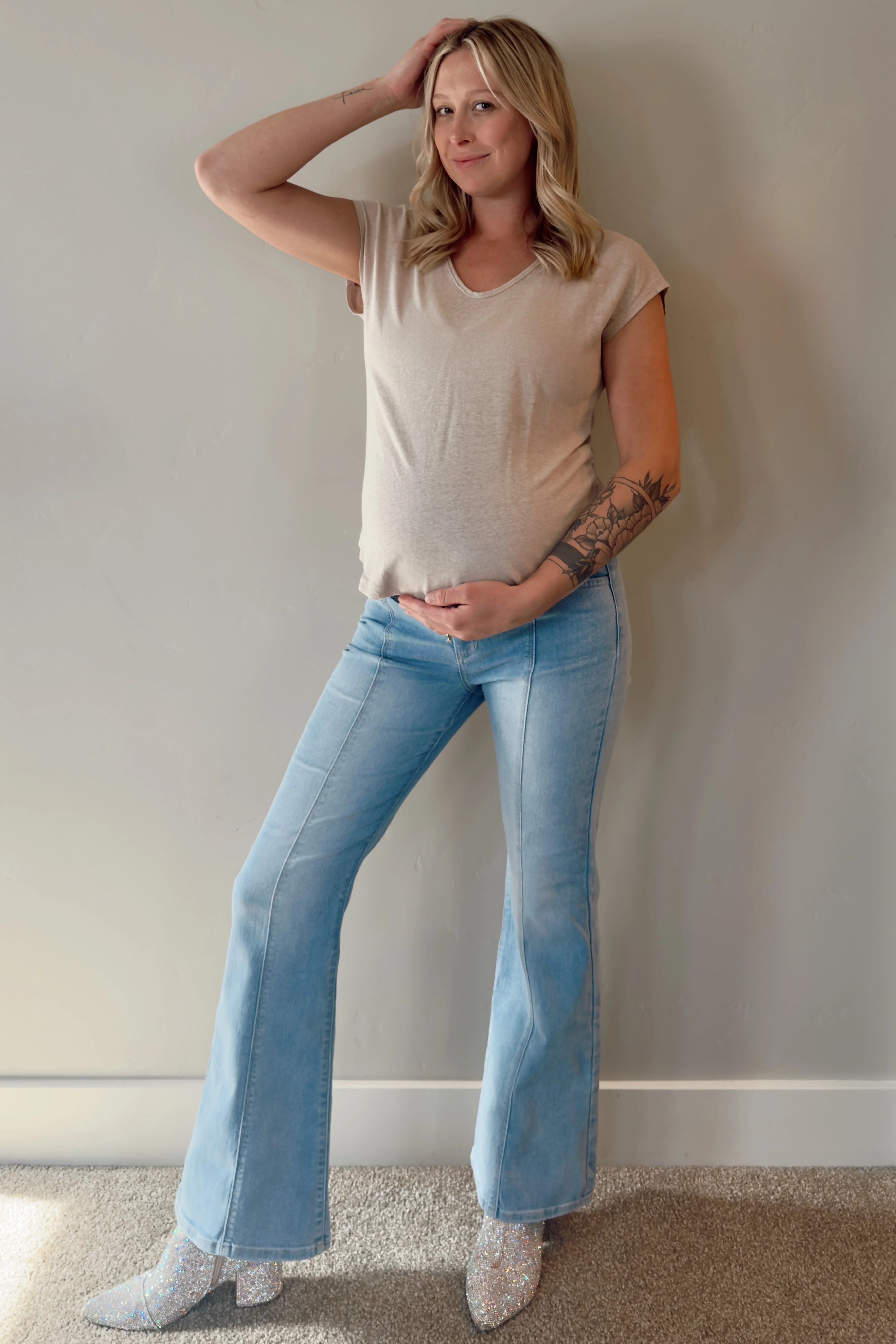 Light Blue Middle Seam Kick Flare Maternity Jeans - Image 6