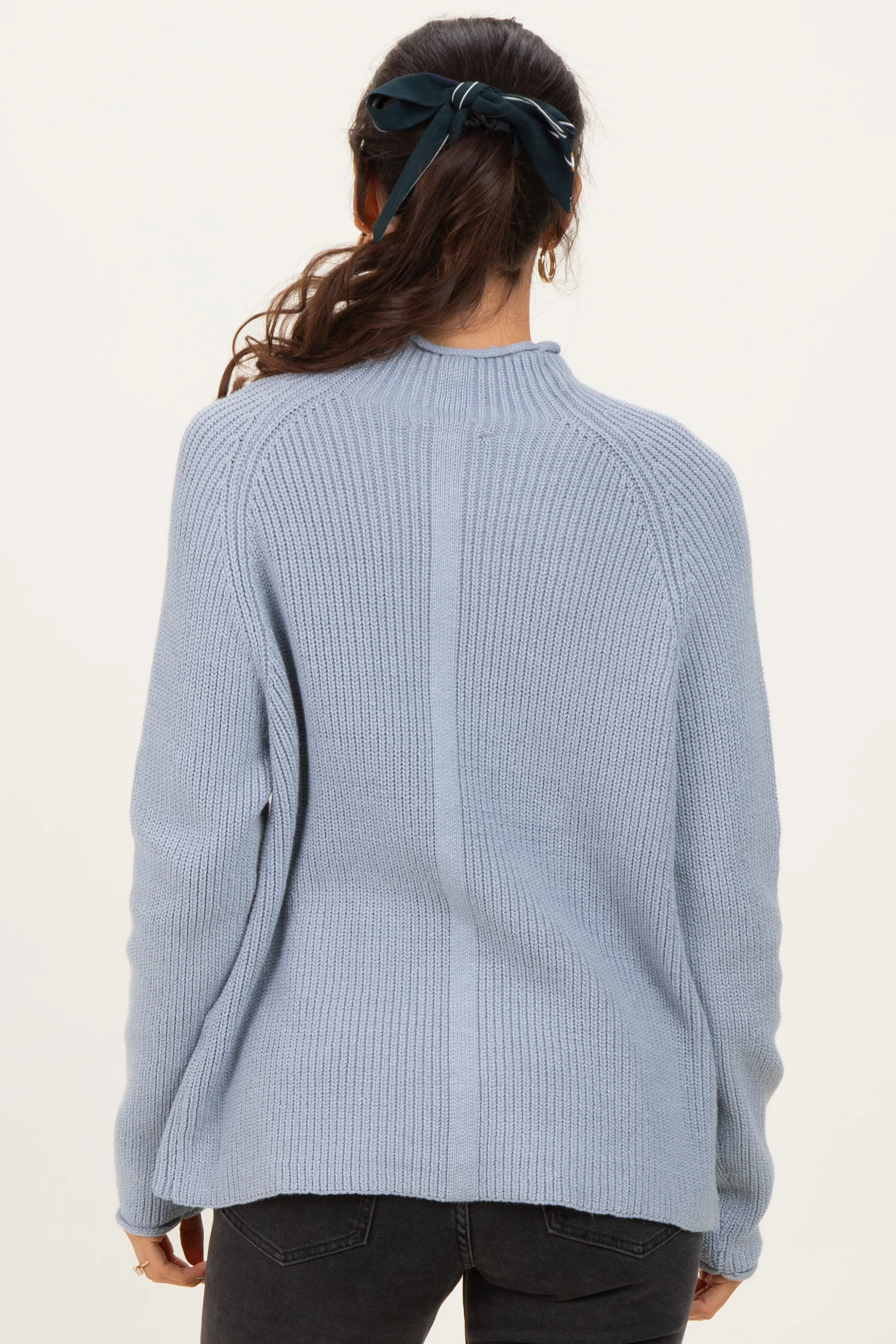 Light Blue Mock Neck Ribbed Knit Basic Sweater Top - Image 4