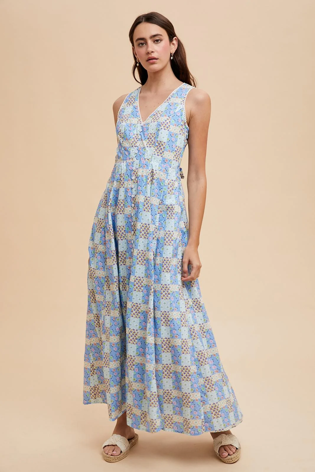 Light Blue Multi Cotton Patchwork Print Button Down Maternity Maxi - Image 5