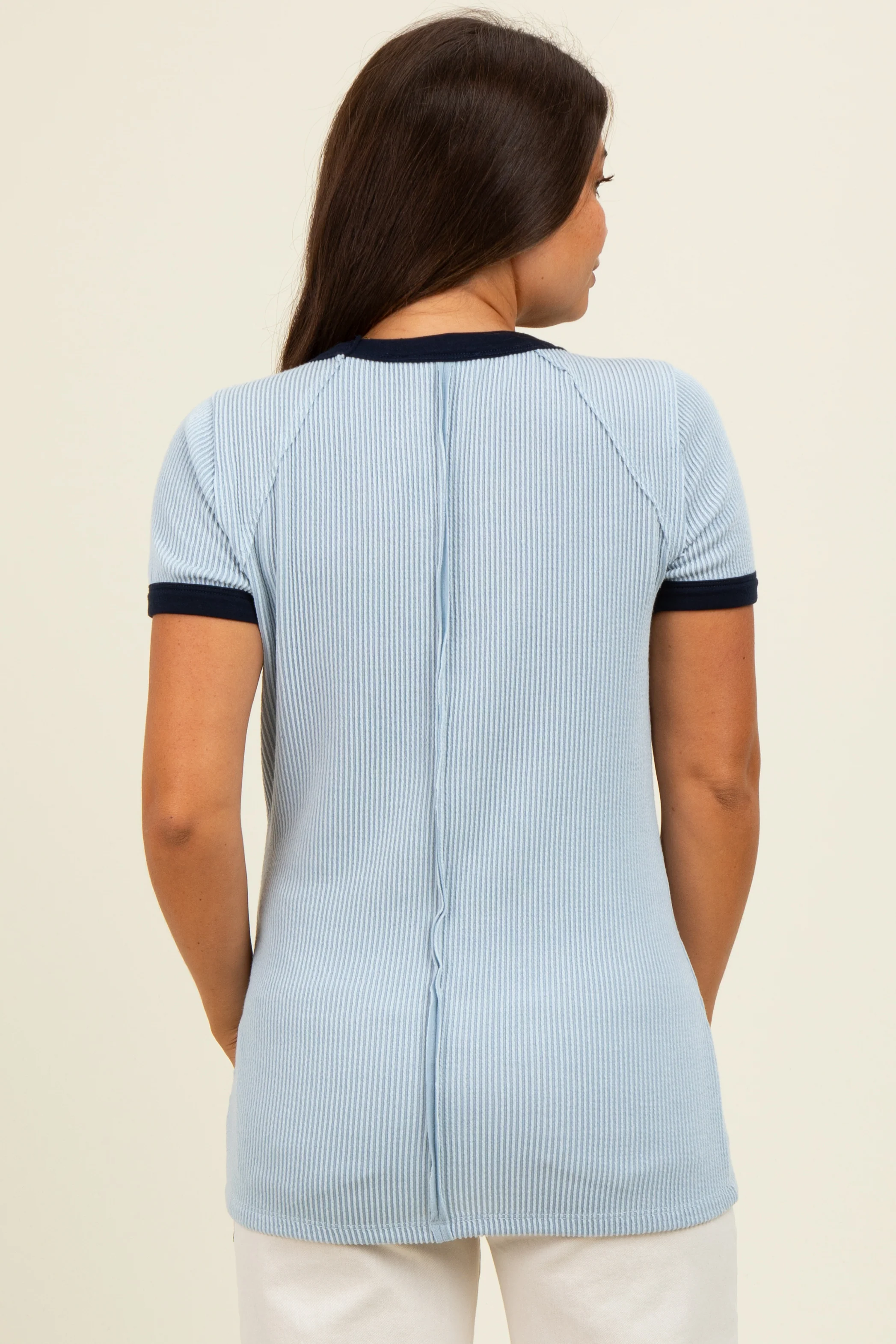 Light Blue/Navy Ribbed Short Contrast Sleeve Maternity Top - Image 4