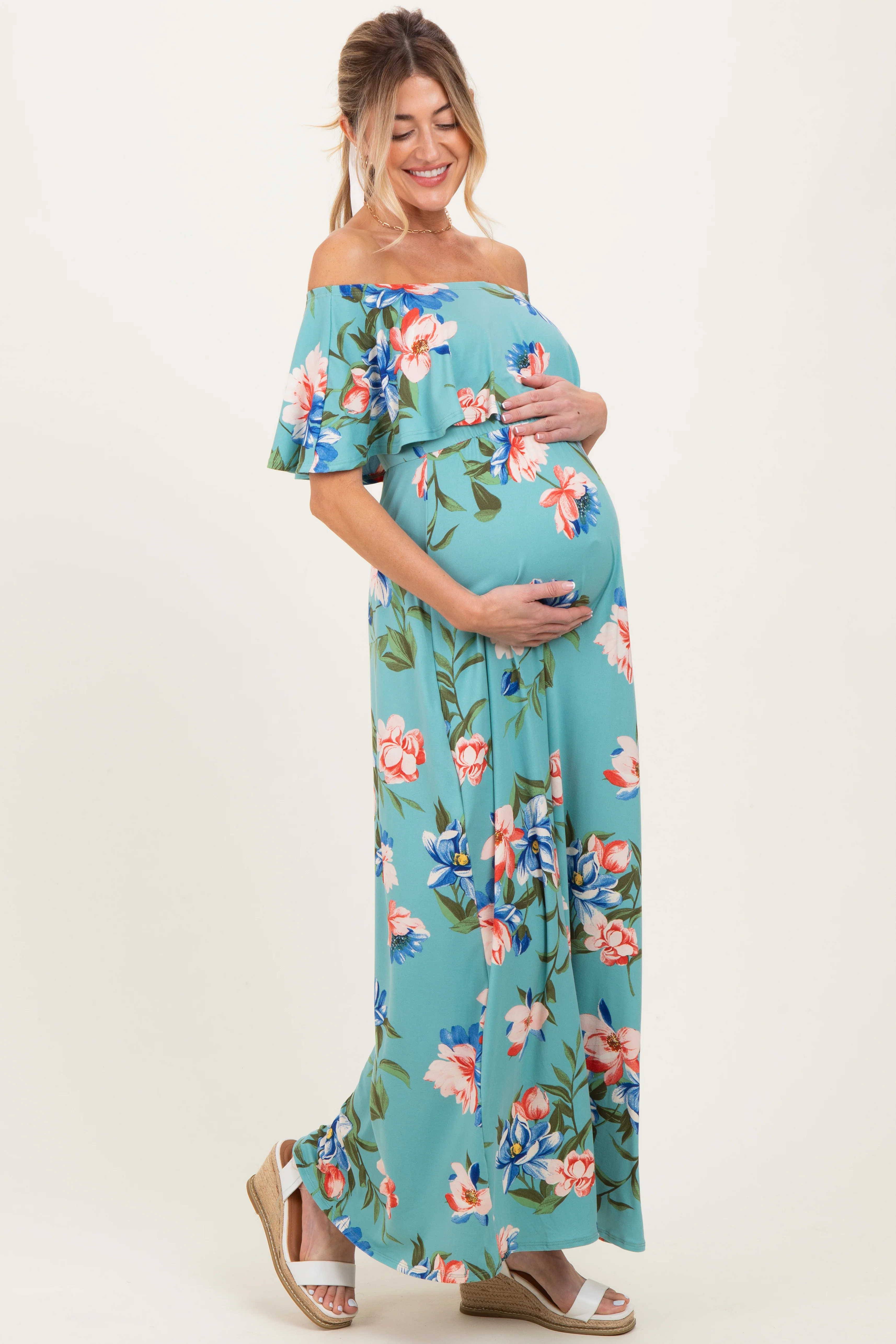 Light Blue Off Shoulder Floral Ruffle Maternity Maxi Dress - Image 3