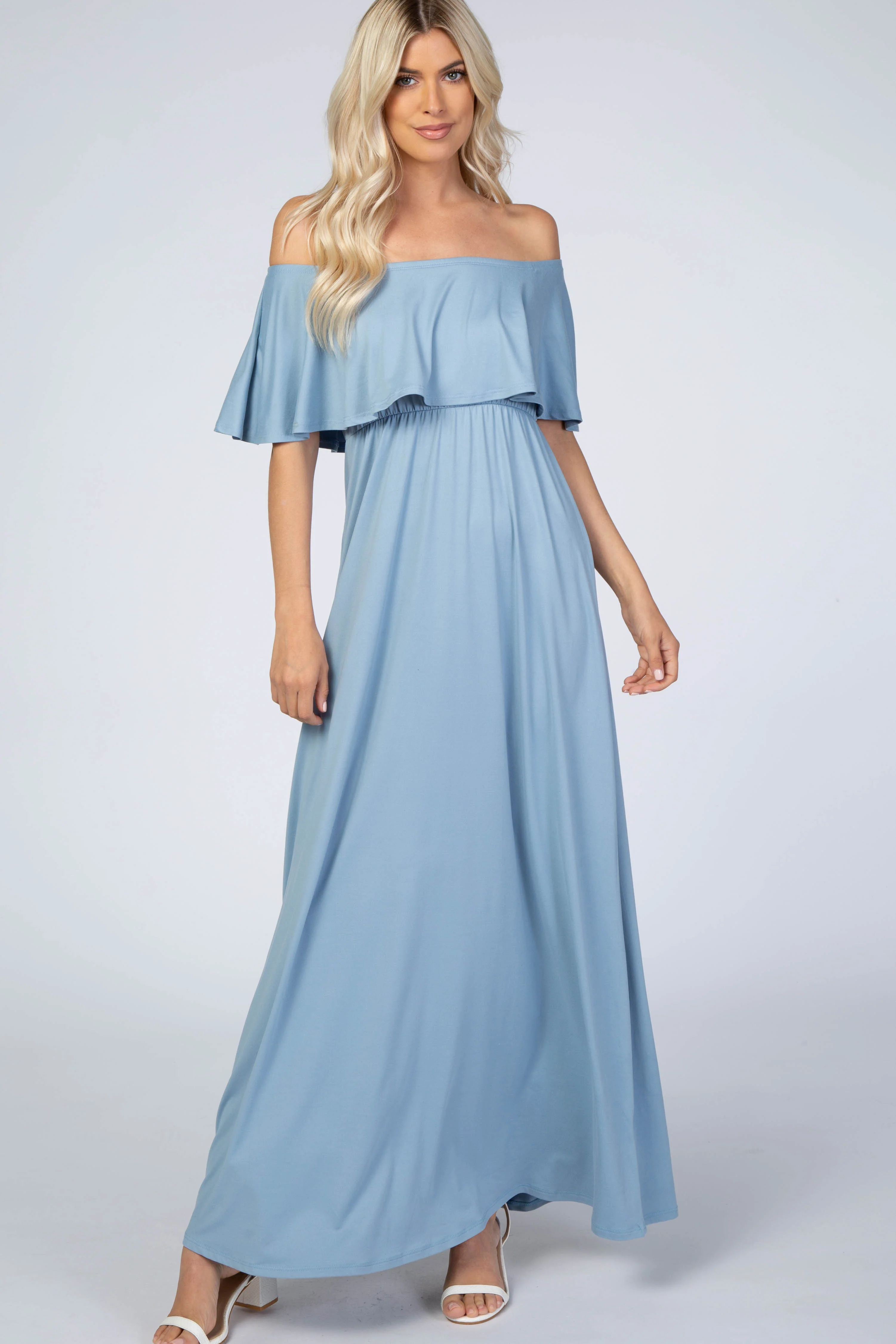 Light Blue Off Shoulder Maxi Maternity Dress - Image 4
