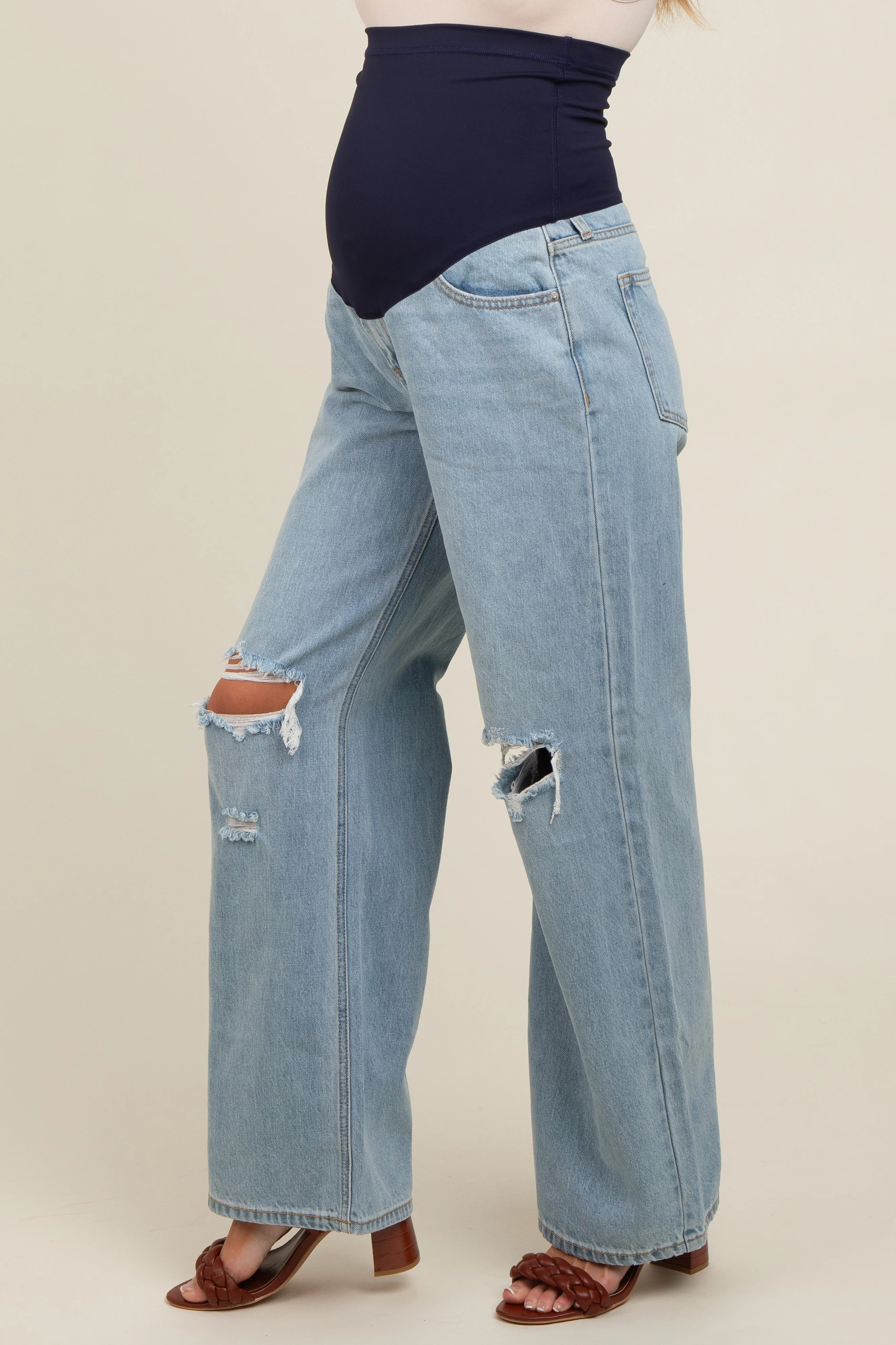 Light Blue Open Knee Relaxed Wide Leg Maternity Jeans - Image 3