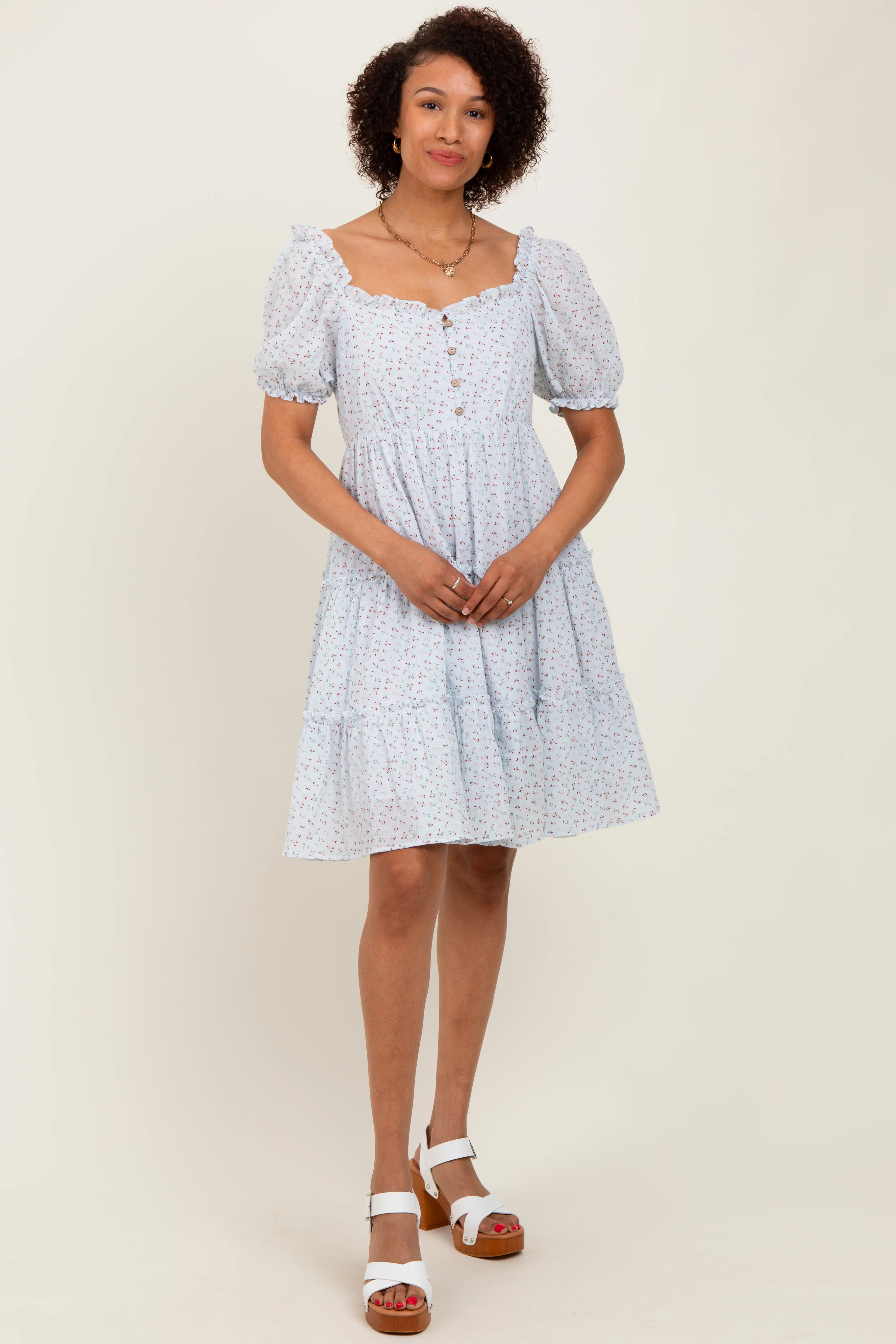 Light Blue Printed Button Up Ruffle Tiered Maternity Dress - Image 5