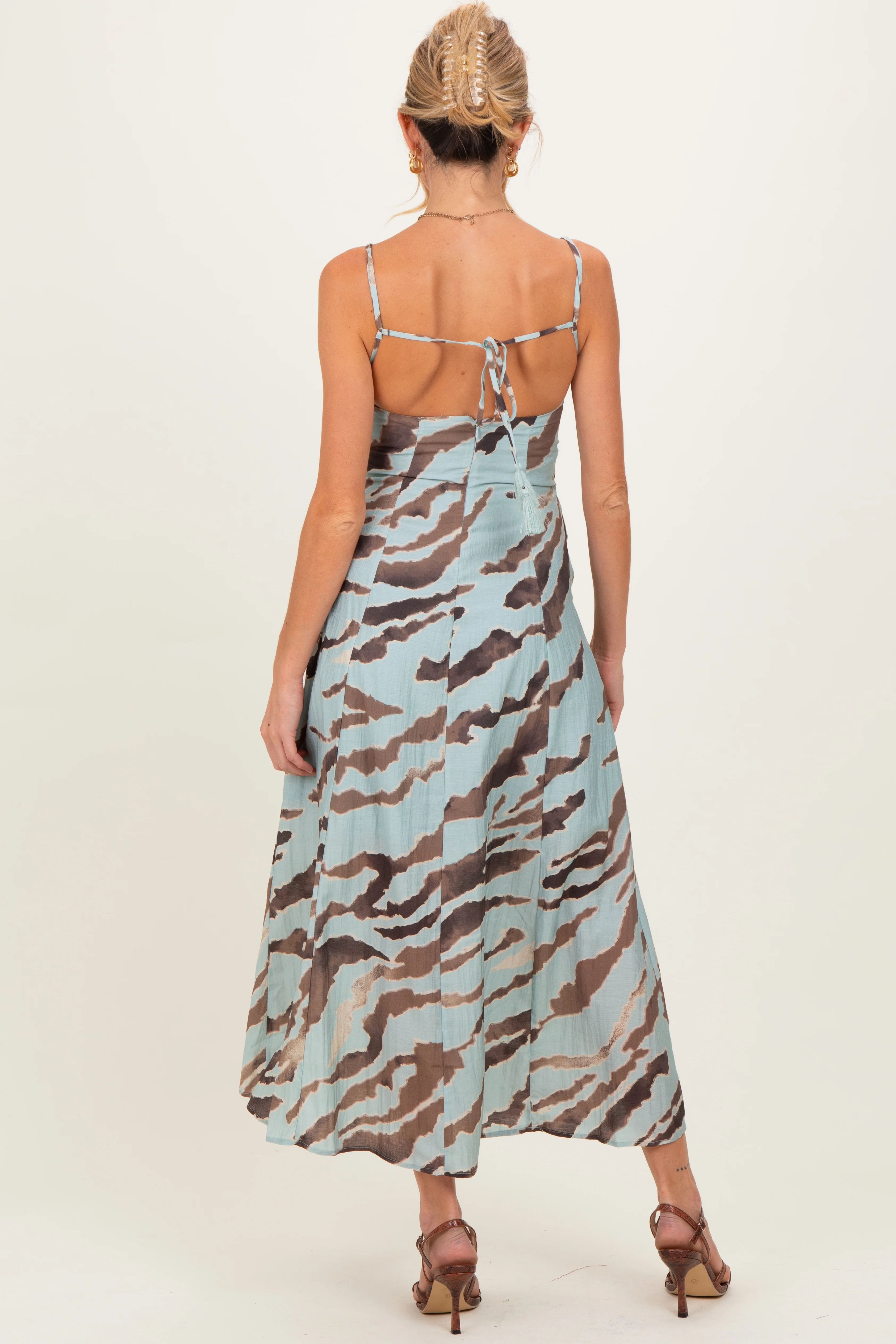 Light Blue Printed Open Tie Back Maternity Maxi Dress - Image 4