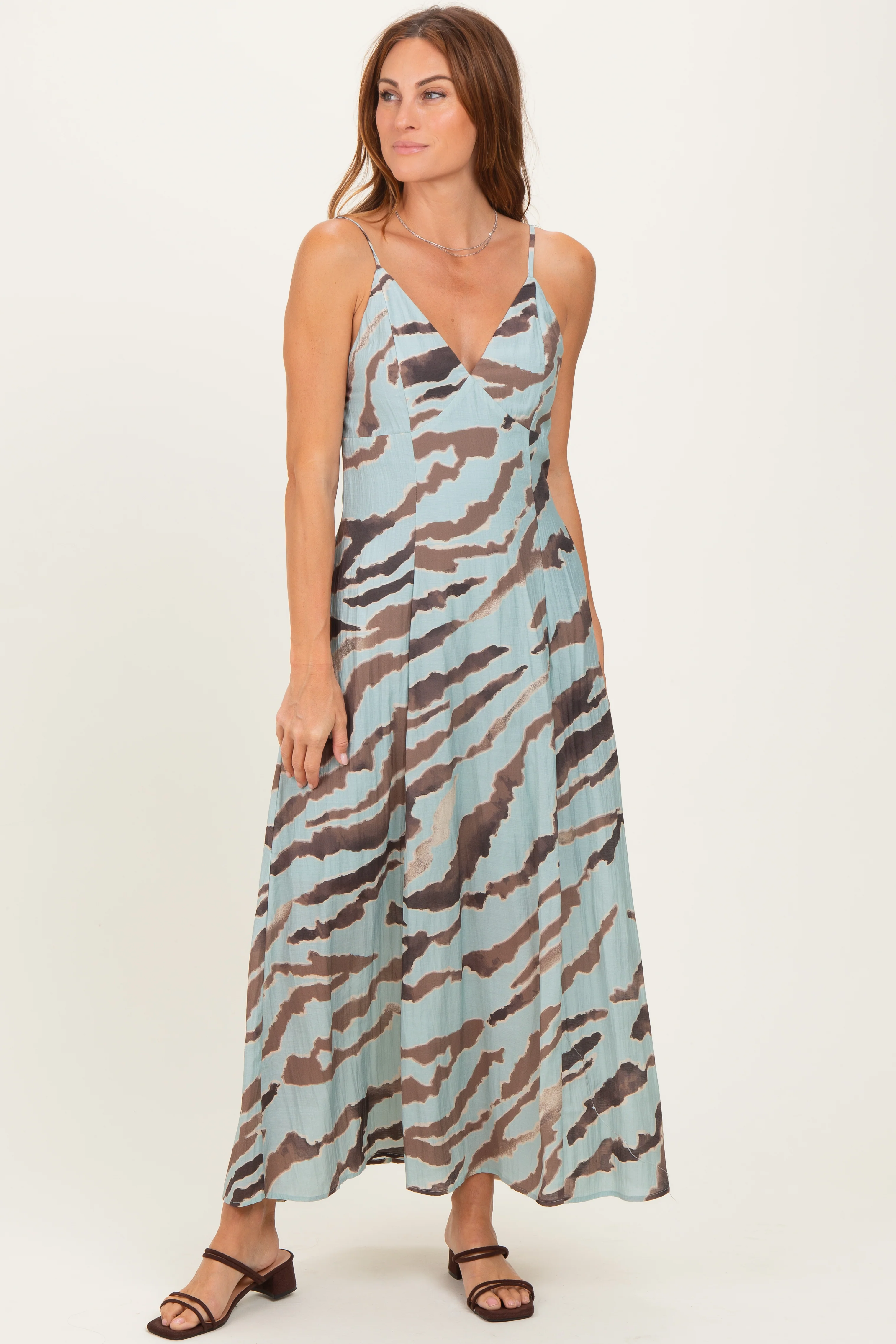 Light Blue Printed Open Tie Back Maternity Maxi Dress - Image 5