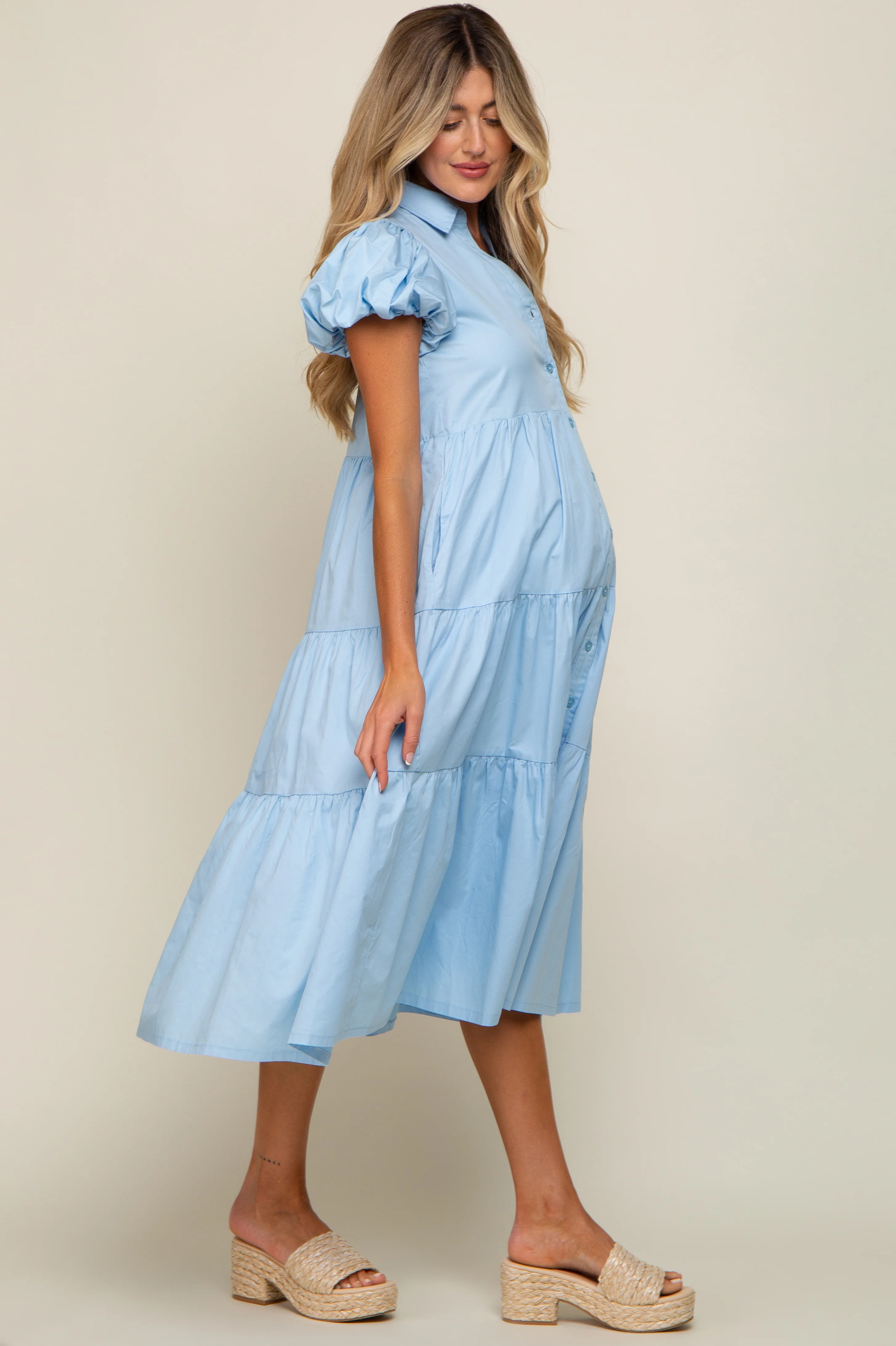 Light Blue Puff Sleeve Button Down Maternity Midi Dress - Image 2