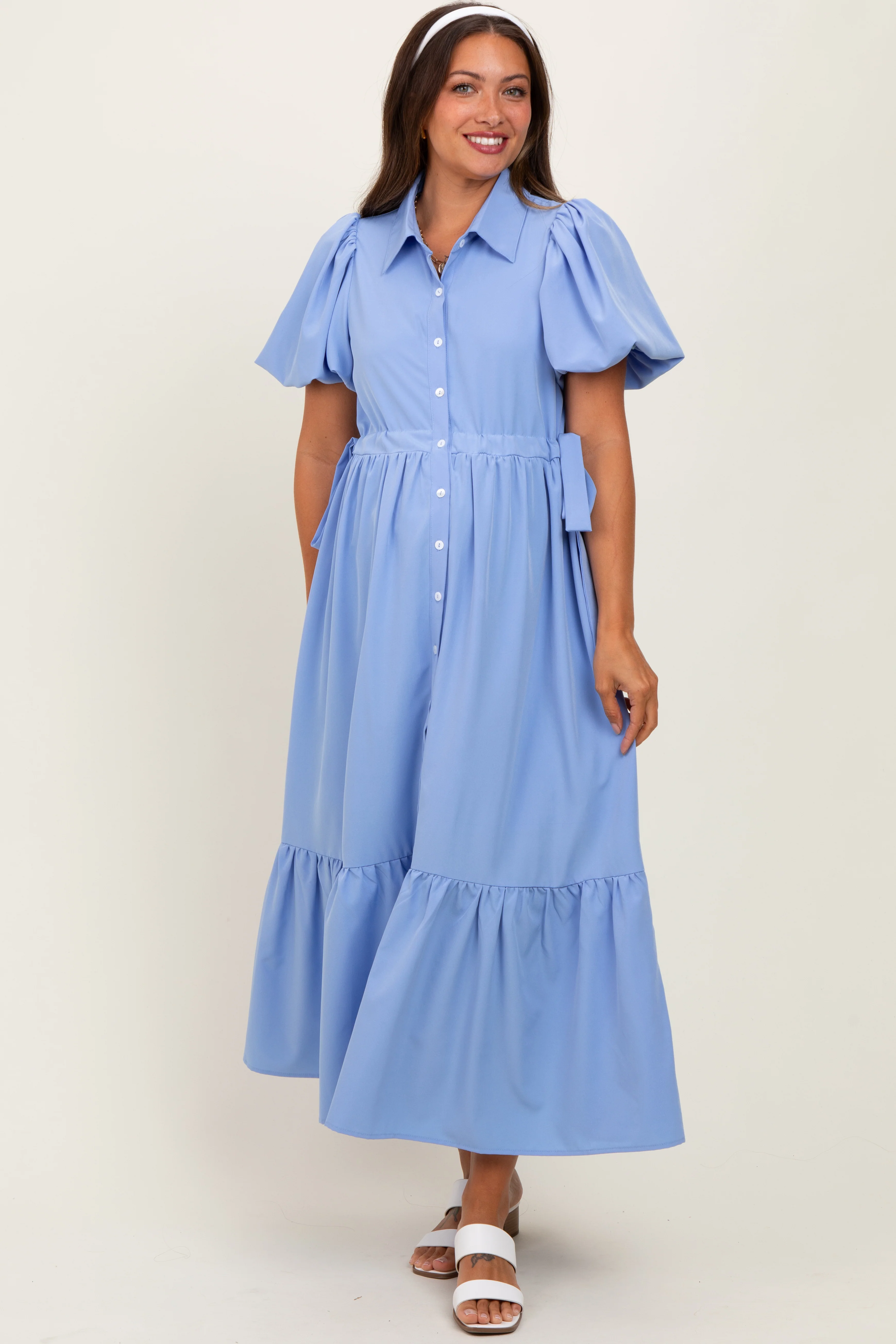 Light Blue Puff Sleeve Side Tie Maternity Midi Shirt Dress - Image 2