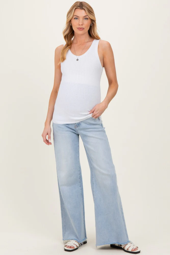 Light Blue Raw Hem Super Wide Leg Maternity Jeans - Image 3