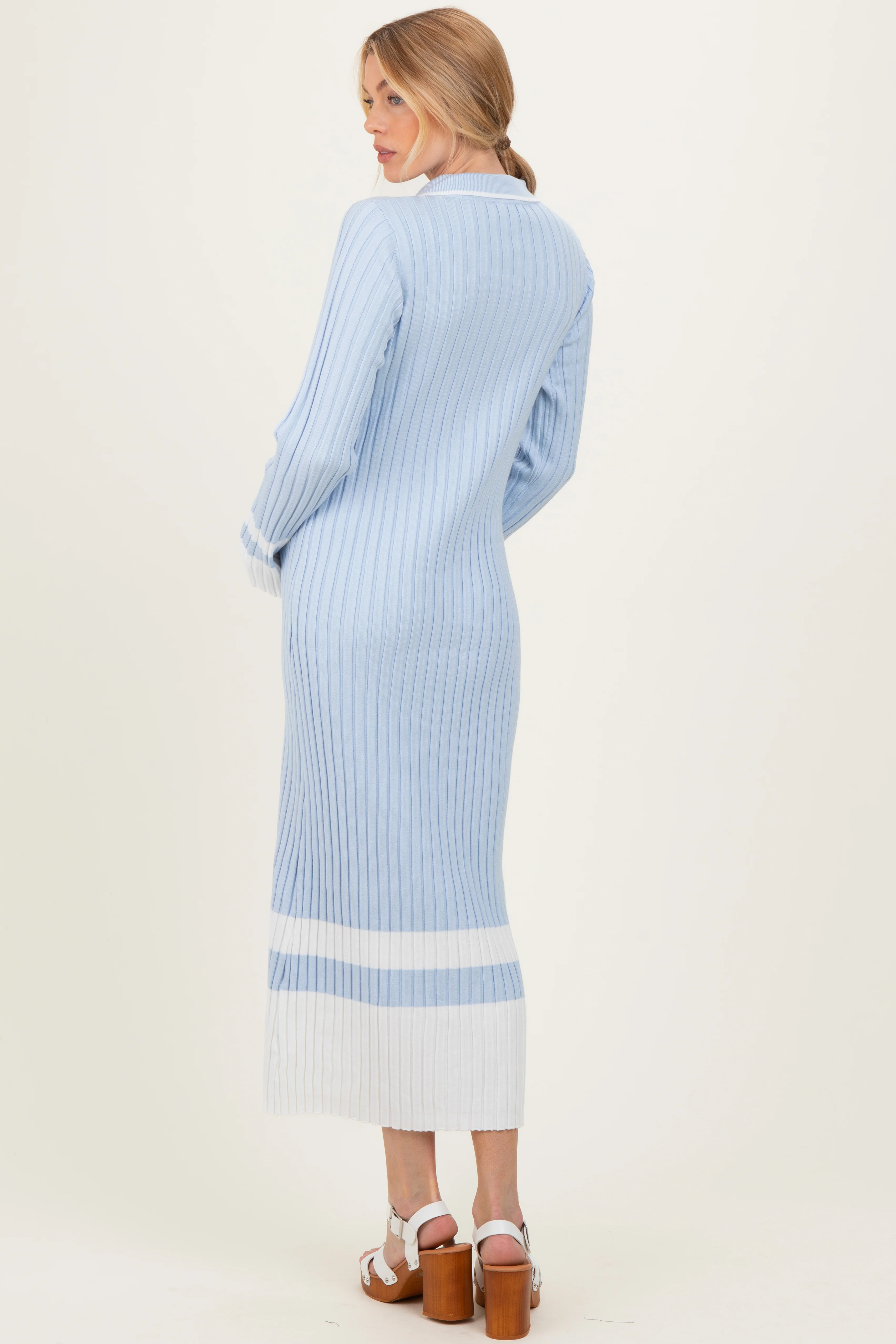 Light Blue Ribbed Knit Colorblock Polo Maternity Maxi Dress - Image 3