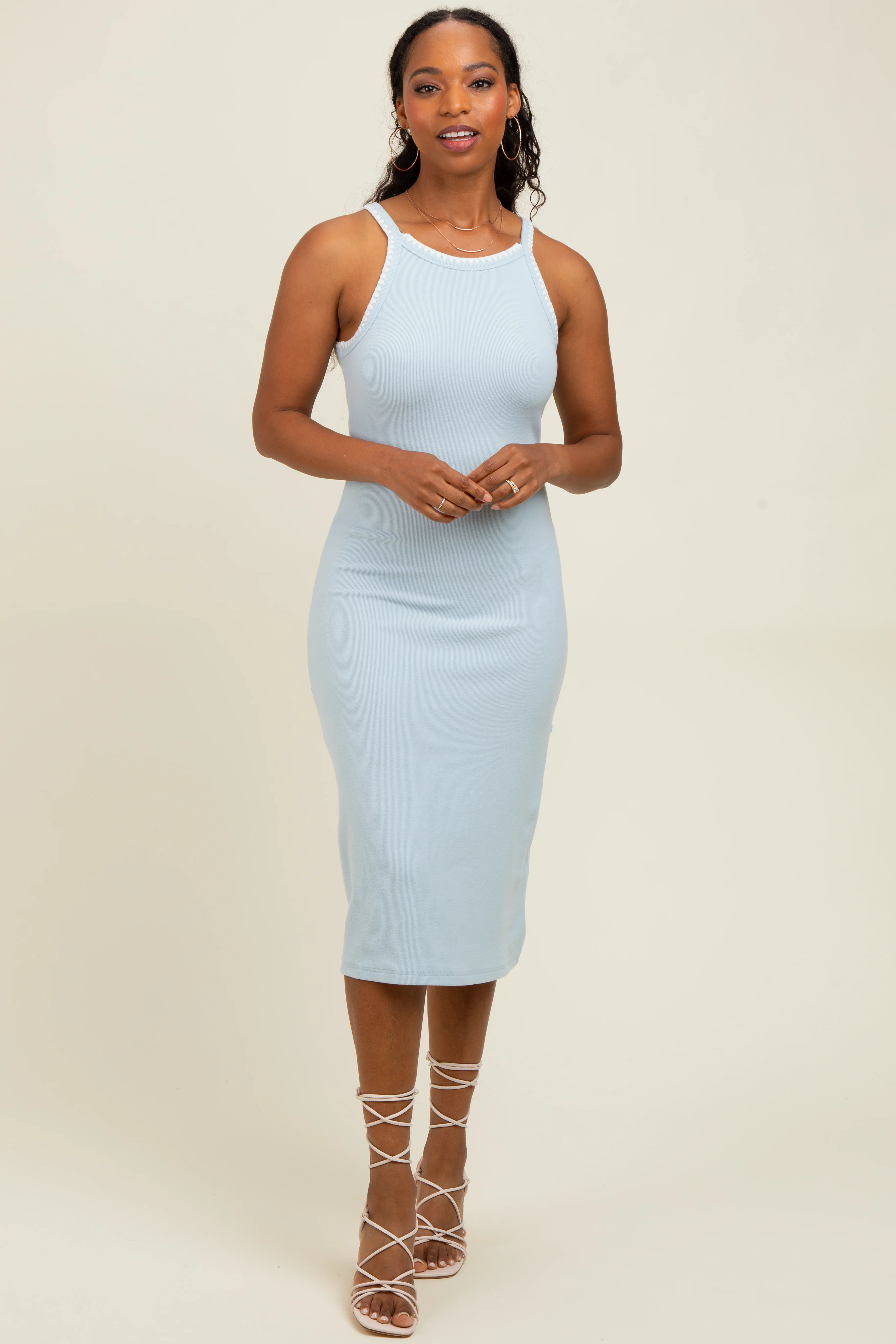 Light Blue Ribbed Knit Embroidered Maternity Midi Dress - Image 4
