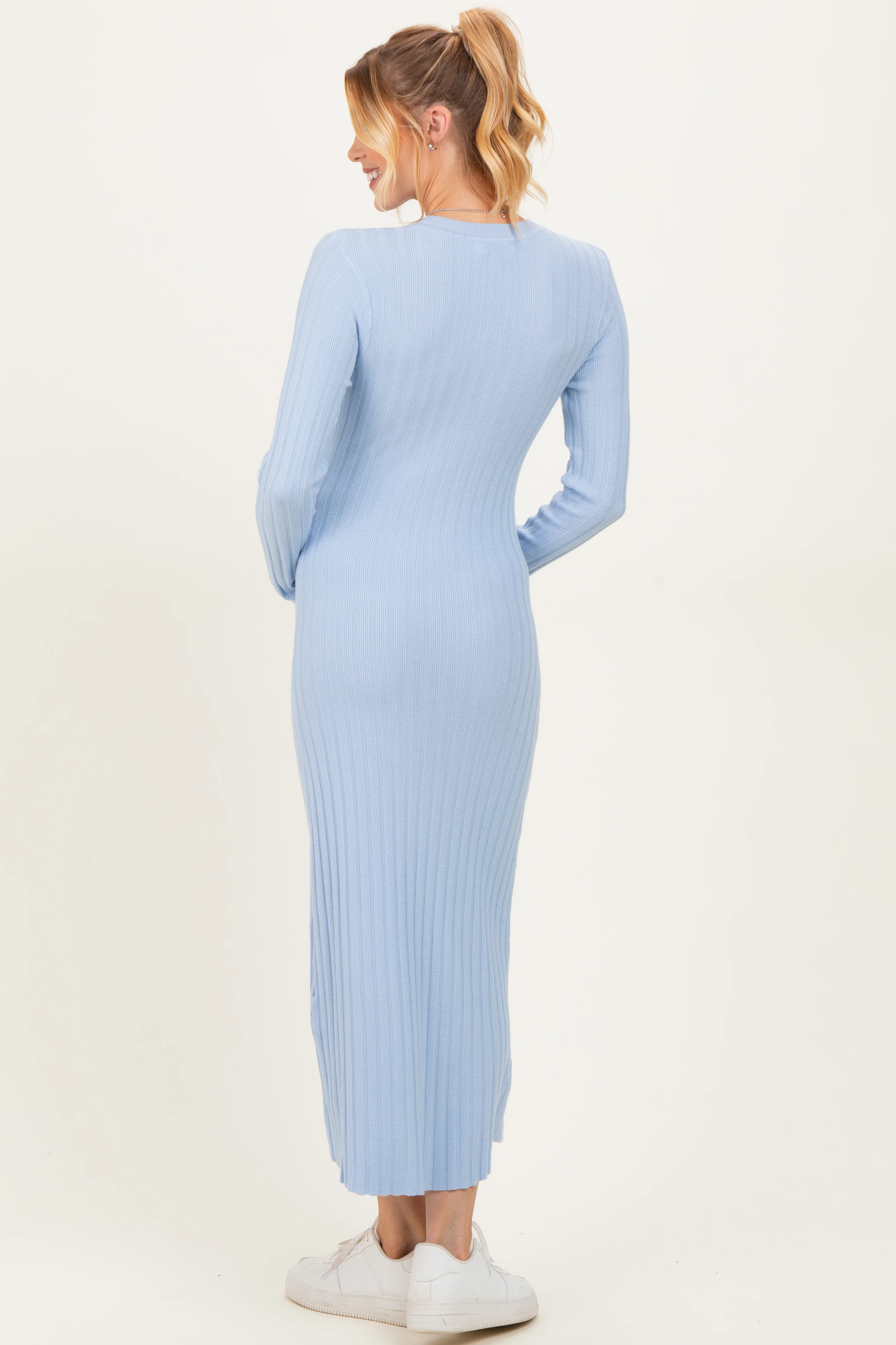 Light Blue Ribbed Knit Fitted Maternity Midi Sweater Dress - Image 4