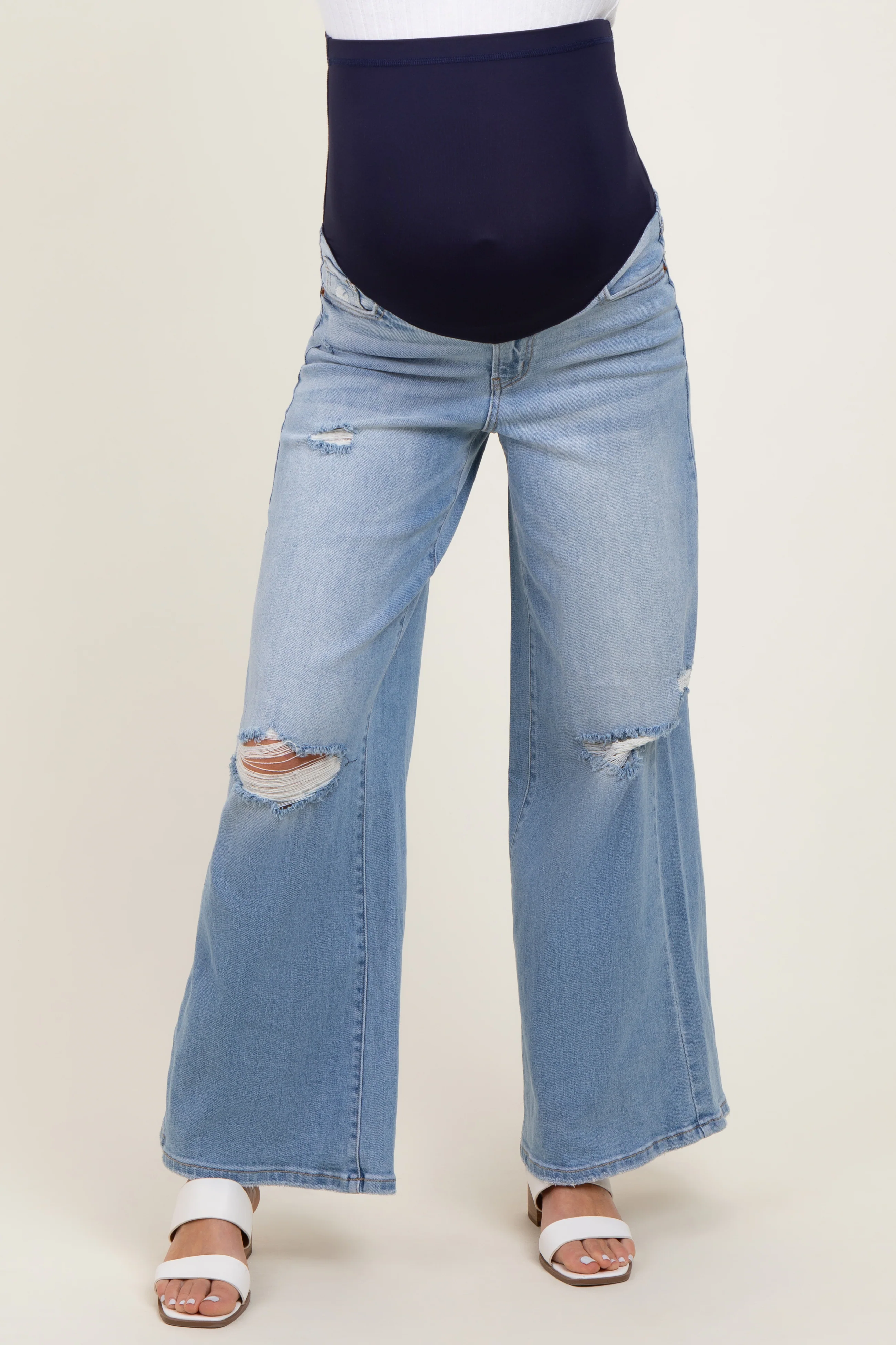 Light Blue Ripped Knee Baggy Wide Leg Maternity Jeans - Image 3
