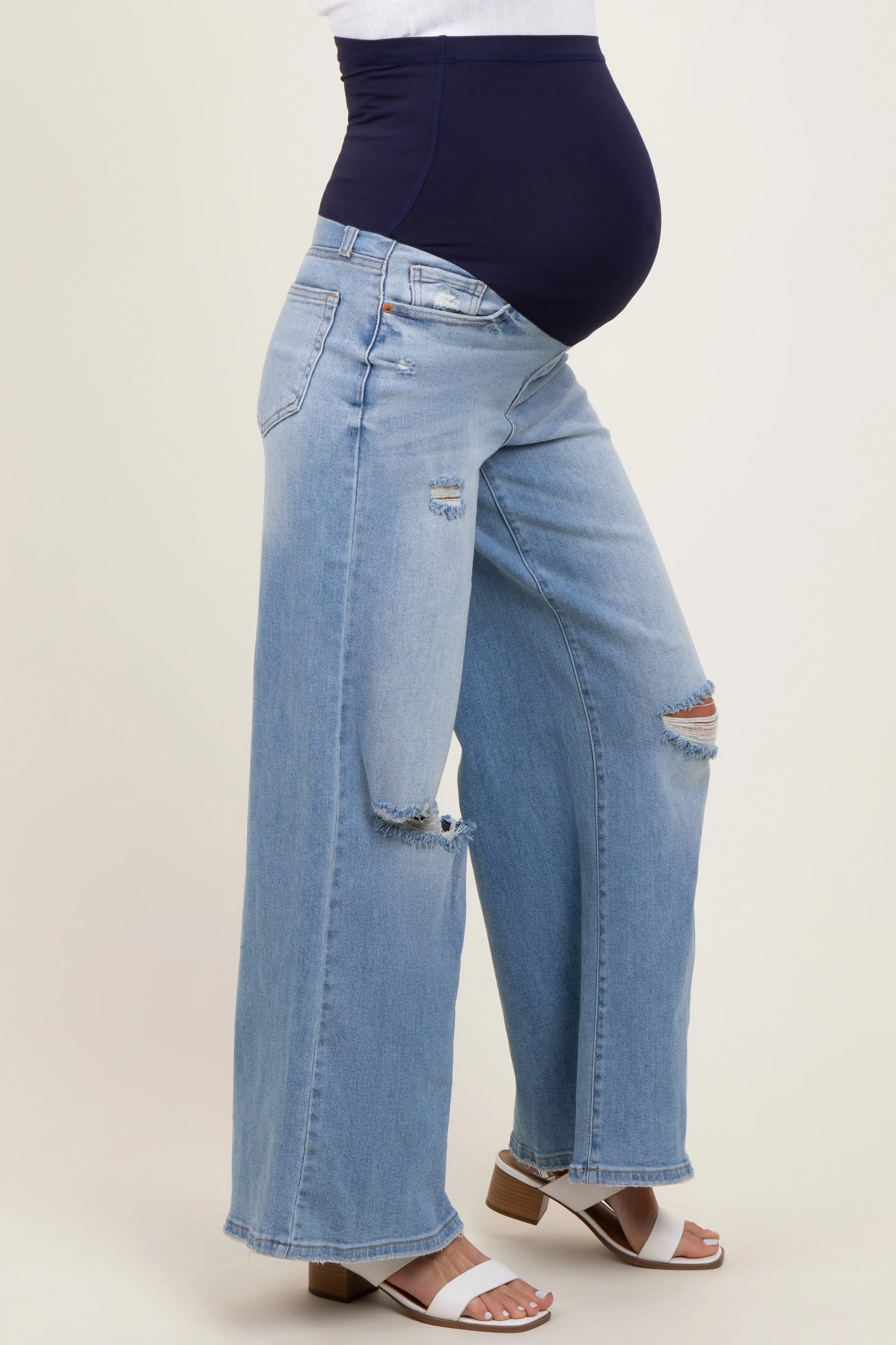 Light Blue Ripped Knee Baggy Wide Leg Maternity Jeans - Image 4