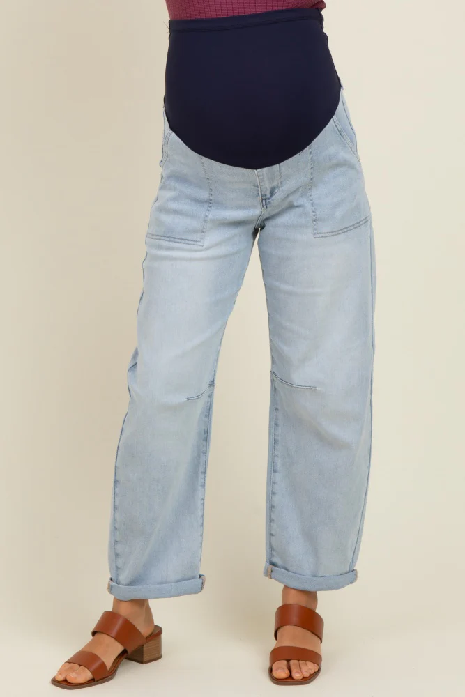 Light Blue Rolled Cuff Barrel Leg Maternity Jeans - Image 3