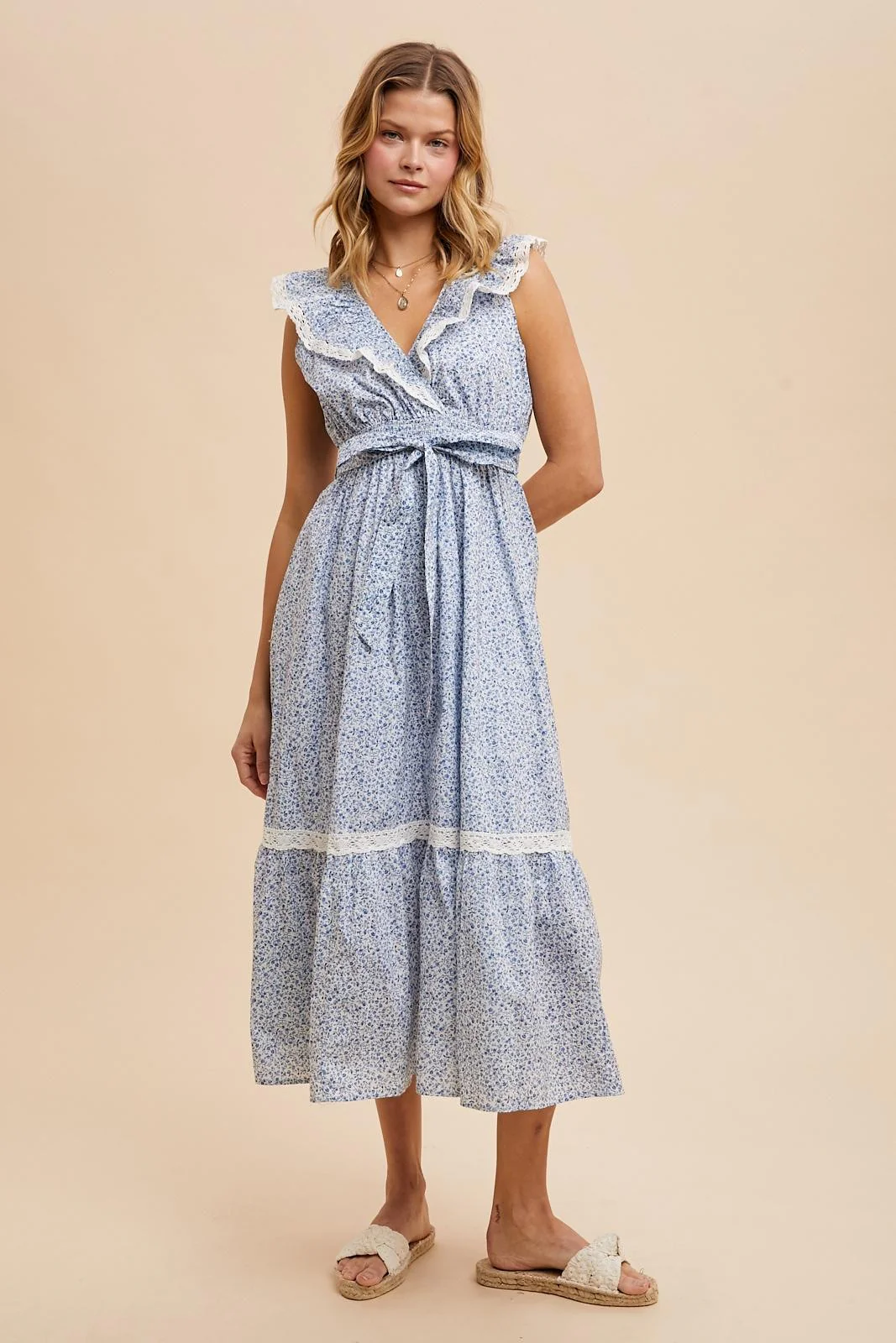 Light Blue Ruffled Floral Cotton Maternity Maxi Dress - Image 4